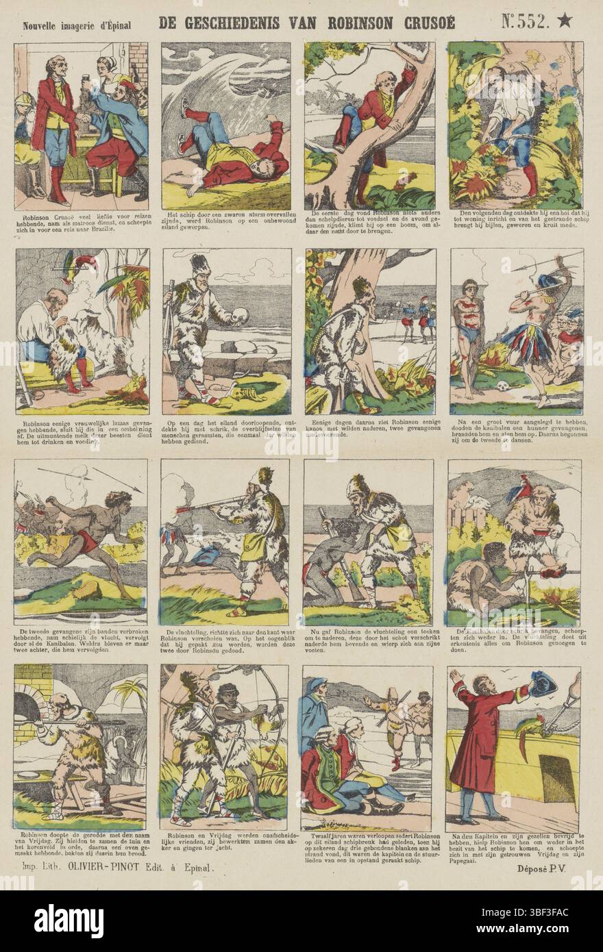 Europa, Epinal, Pinot, Olivier, Nouvelle imagerie d'Epinal, die Geschichte von Robinson Crusoe, Europa, gedruckt, Blatt mit 16 Aufführungen aus der Geschichte von Robinson Crusoe, die auf einer Insel liegt. Unter jeder Aufführung eine Bildunterschrift in Niederländisch. Nummeriert oben rechts: Nr. 552., Druck, Folk Prints, Prints, rückseitig - gestempelt, Höhe 400 mm, Breite 279 mm, Publikation (Ereignis), Publikation, Französisch, Verlag, 1874 - 1888, Papier, Lithografie (Technik), Farben, Buchdruck, Buchdruck, Druckmaschine, Druckmaschine Stockfoto
