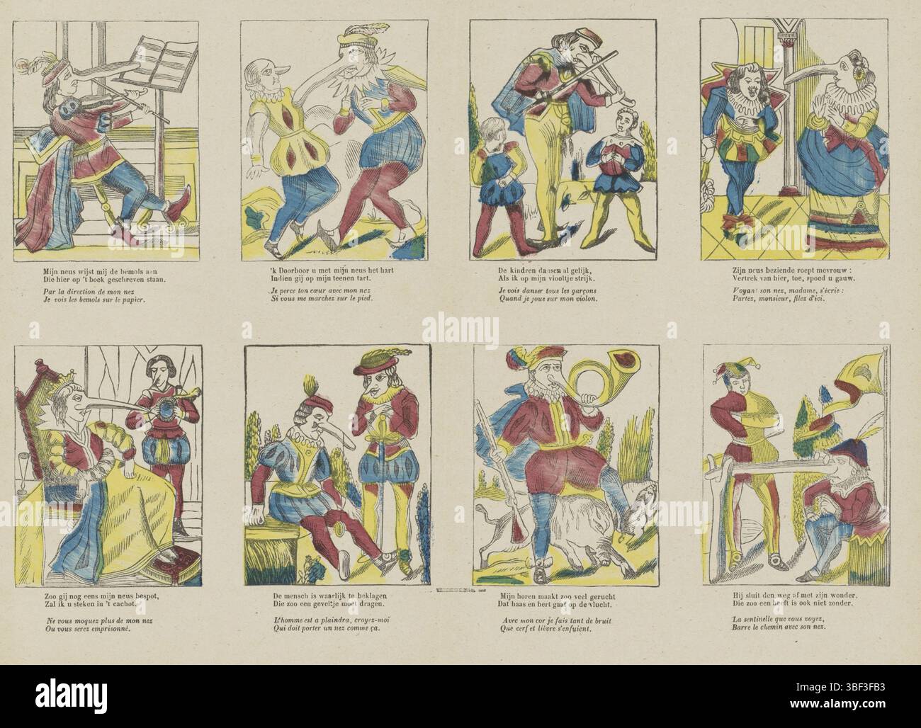 Europa, Turnhout, Beersmaens, Franciscus Antonius, Spotprent op nousen, Europa, rückseitig - gestempelt, Blatt mit 8 komischen Abbildungen von Figuren mit großen und deformierten Nasen. Unter jedem Auftritt eine zweizeilige Strophe in Niederländisch und Französisch. Nummeriert oben links: N. 6., Druck, volkstümliche Drucke, Drucke, Höhe 320 mm, Breite 425 mm, Publikation (Ereignis), Publikation, 1840-06-14 - 1897-01-25, Verlag, 1866 - 1902, Papier, Holzschnitt, Farben, Buchdruck, Bookprint, Printmaker, Printmaker Stockfoto