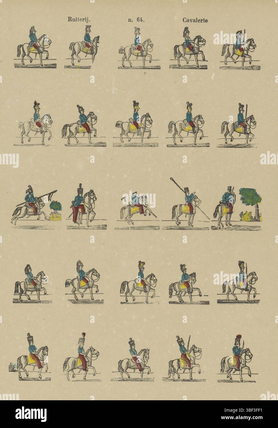 Europa, Turnhout, Beersmaens, Franciscus Antonius, Ruiterij, Kavallerie, Europa, verso - gestempelt, Blatt mit 25 Aufführungen von Soldaten zu Pferd. Nummeriert Mitte oben: n. 64, Druck, Volksdrucke, Drucke, Höhe 430 mm, Breite 322 mm, Publikation (Ereignis), Publikation, 1840-06-14 - 1897-01-25, Verlag, 1866 - 1902, Papier, Holzschnitt, Farben, Buchdruck, Bookprint, Printmaker, Printmaker Stockfoto