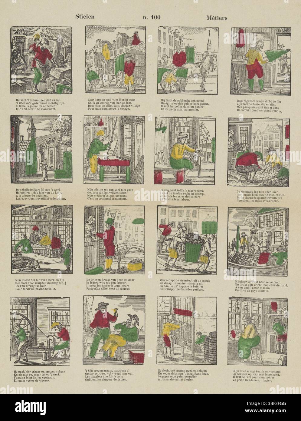 Europa, Turnhout, Baermans, Franciscus Antonius, Stielen, Métiers, Crafts and Berufe, Europe, Verso - gestempelt, Blatt mit 16 Aufführungen von Handwerkern und Berufen wie Regenschirmmacher, Straßenmacher und Seemann. Unter jedem Bild eine zweizeilige Strophe auf Niederländisch und Französisch. Nummerierte Mitte oben: n. 100., Druck, Folk Prints, Drucke, Höhe 427 mm, Breite 306 mm, Publikation (Ereignis), Publikation, 1840-06-14 - 1897-01-25, Verlag, 1866 - 1902, Papier, Holzschnitt, Farben, Buchdruck, Bookprint, Printmaker, Printmaker Stockfoto