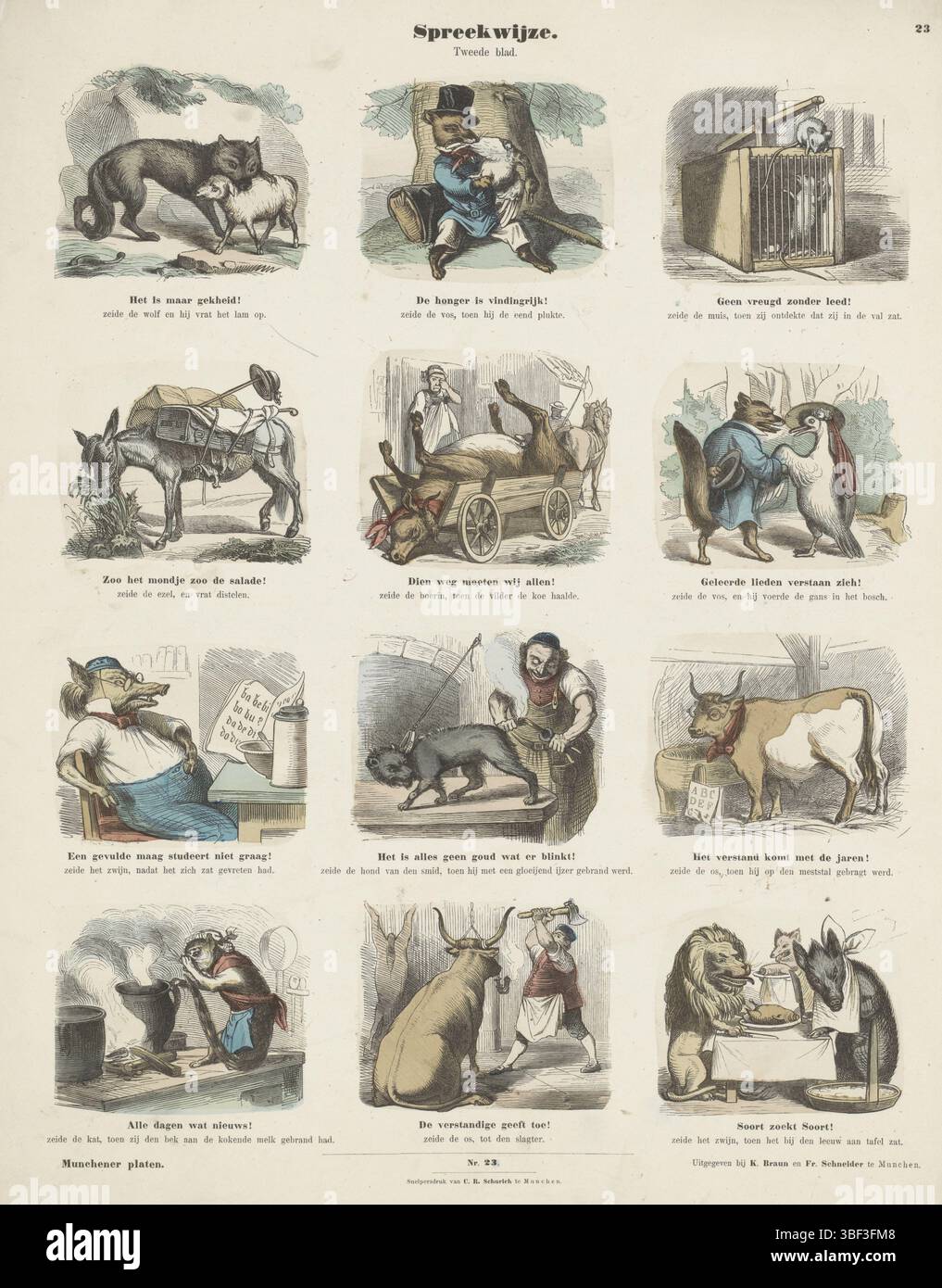 München, Schurich, Carl Robert, München, Braun und Pater Schneider, K., Deutschland, Stauber, Municher Records, Sprache, Verso - gestempelt, Blatt mit 12 Phantasien von Sprichwörtern von komischen Szenen mit Tieren. Unter jedem Bild eine Beschriftung. Nummeriert Mitte unten: Nr. 23. Nummeriert oben rechts: 23., Druck, Folk Print, Prints, Folk Prints, Folk Prints, Höhe 427 mm, Breite 350 mm, deutsch, Hersteller, 1843 - 1920, Papier, Holzgravur, Farben, Buchdruck, Publikation (Ereignis), Publikation, Herausgeber, 1820, Drucker Stockfoto