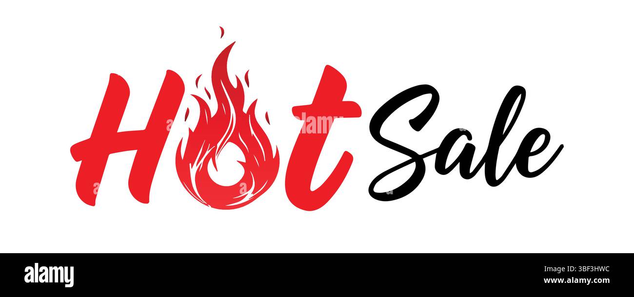 Heißer Verkaufs-Bannertext mit Flammensymbol – Rot und Schwarz Werbe-Typografie-Design Stock Vektor