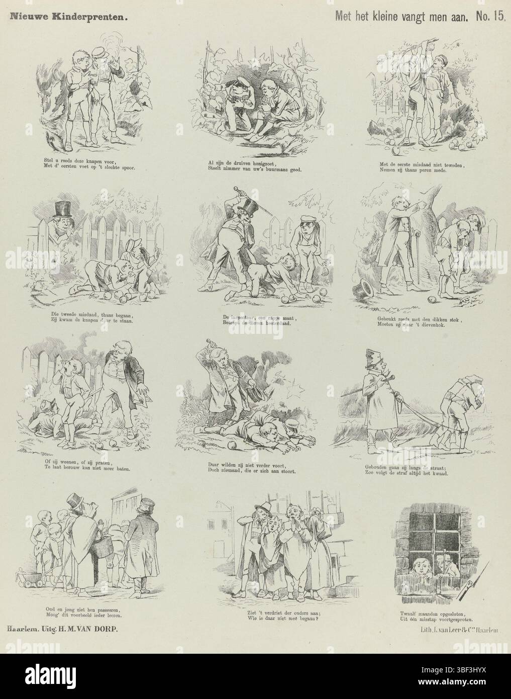 Haarlem, leer & Co., L. van, Haarlem, Village, H.M. van, neue Kinderdrucke, mit dem kleinen Fang eins beginnt, verso - gestempelt, Blatt mit 12 Aufführungen über Diebe, die bestraft werden. Unter jedem Bild eine zweizeilige Strophe. Nummeriert oben rechts: Nr. 15., Druck, Folk Prints, Drucke, Höhe 427 mm, Breite 342 mm, Publikation (Event), Publikation, Niederländisch - 1883, Verlag, 1872 - 1883, Papier, Lithographie (Technik), Buchdruck, Drucker, Drucker, Drucker Stockfoto
