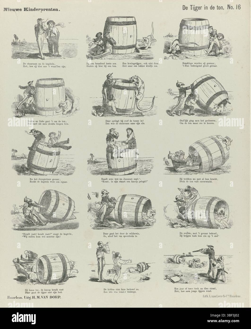 Haarlem, leer & Co., L. van, Haarlem, Village, H.M. van, neue Kinderdrucke, der Tiger im Fass, verso gestempelt, Blatt mit 15 Aufführungen über einen Gefährten und einen Kapitän, der einen Tiger in einem Fass findet. Unter jedem Bild eine Beschriftung. Nummeriert oben rechts: Nr. 16., Druck, Volksdrucke, Drucke, Höhe 427 mm, Breite 341 mm, Publikation (Event), Publikation, Niederländisch - 1883, Verlag, 1872 - 1883, Papier, Lithografie (Technologie), Buchdruck, Buchdruck, Drucker, Drucker, Drucker Stockfoto