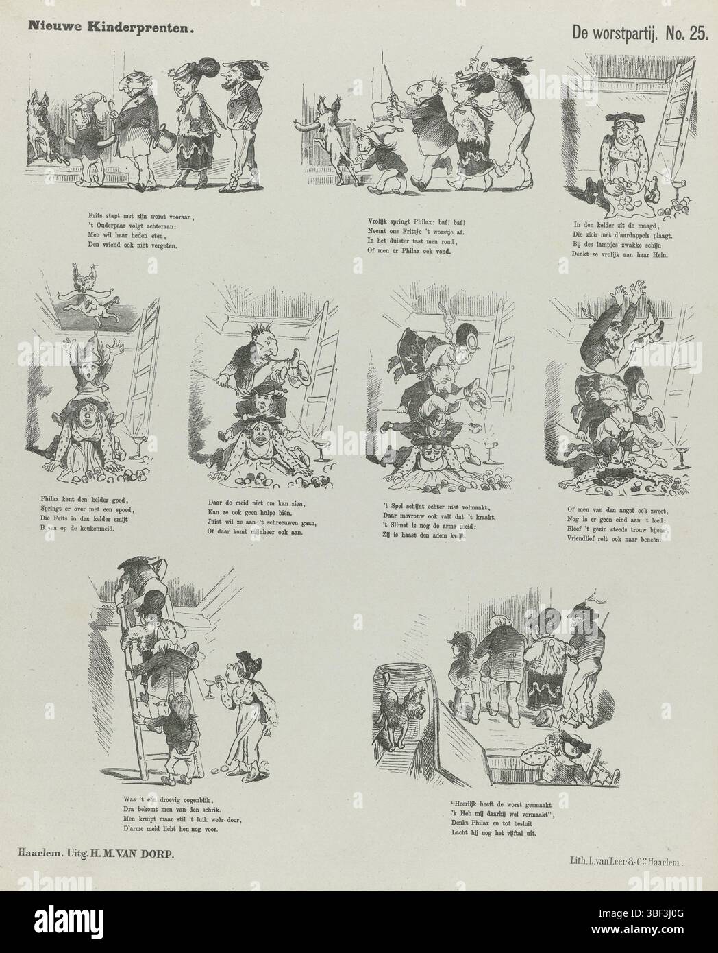 Haarlem, leer & Co., L. van, Haarlem, Village, H.M. van, neue Kinderdrucke, die Wurst, verso - gestempelt, Blatt mit 9 Aufführungen über einen Hund, der eine Wurst bekommt. Unter jedem Bild eine vierzeilige Strophe. Nummeriert oben rechts: Nr. 25, Druck, Folk Print, Prints, Folk Prints, Folk Prints, Höhe 427 mm, Breite 346 mm, Publikation (Veranstaltung), Publikation, Niederländisch - 1883, Verlag, 1872 - 1883, Papier, Lithografie (Technologie), Buchdruck, Buchdruck, Drucker, Druckmaschine, Druckmaschine Stockfoto