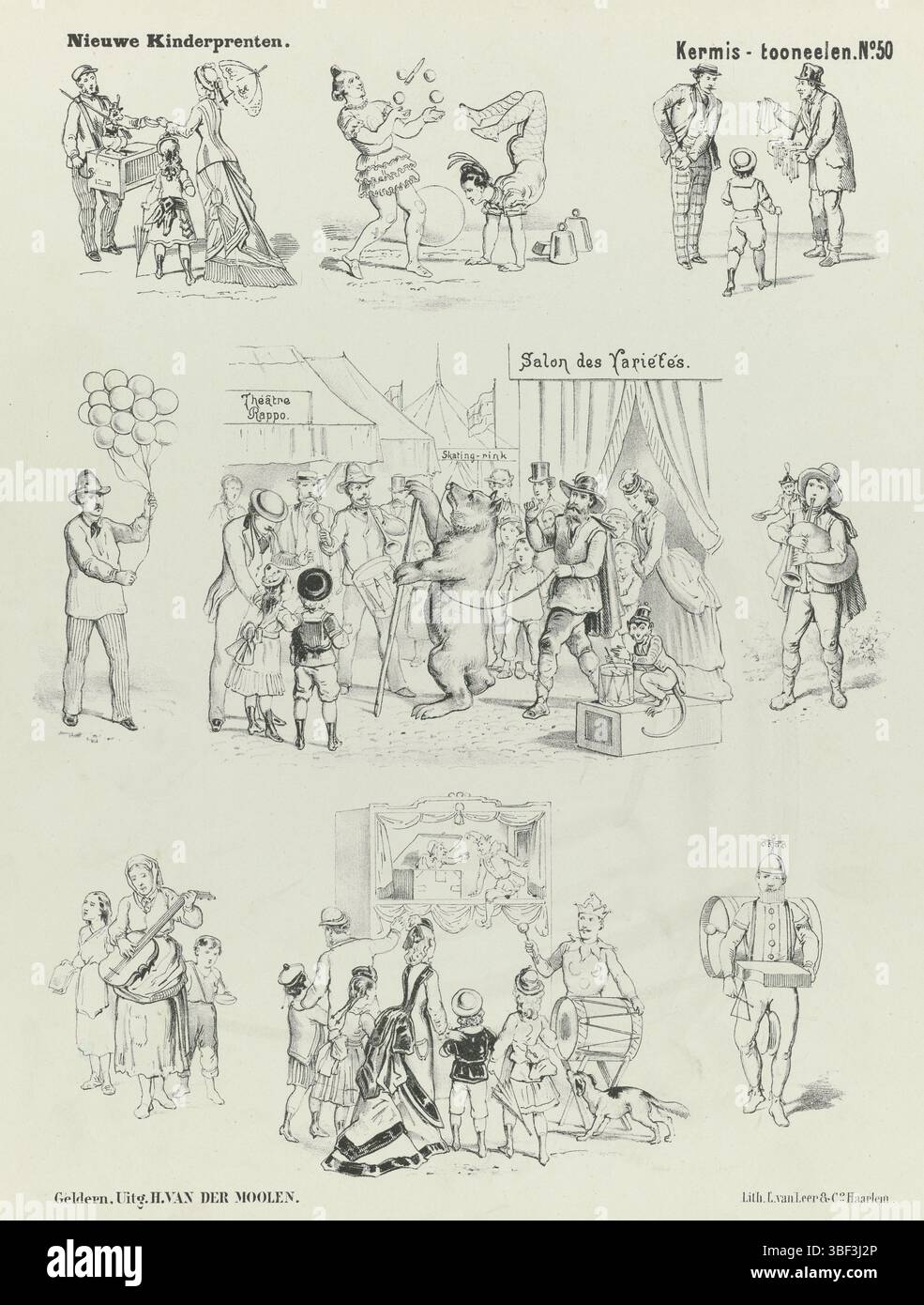 Haarlem, leer & Co., L. van, Geldern, Moolen, Hermann van der, Nieuwe kinder printn, Kermis-toonen, Haarlem, verso - gestempelt, Blatt mit 9 Karnevals, einschließlich Aufführungen von Akrobaten, einem Dudelsackspieler und einem Puppentheater. Nummeriert oben rechts: Nr. 50., Druck, Folk Prints, Drucke, Höhe 427 mm, Breite 343 mm, Publikation (Ereignis), Publikation, Niederländisch, 1828 - 1892, Verlag, 1838 - 1892, Papier, Lithografie (Technologie), Buchdruck, Buchdruck, Drucker, Druckmaschine, Druckmaschine Stockfoto