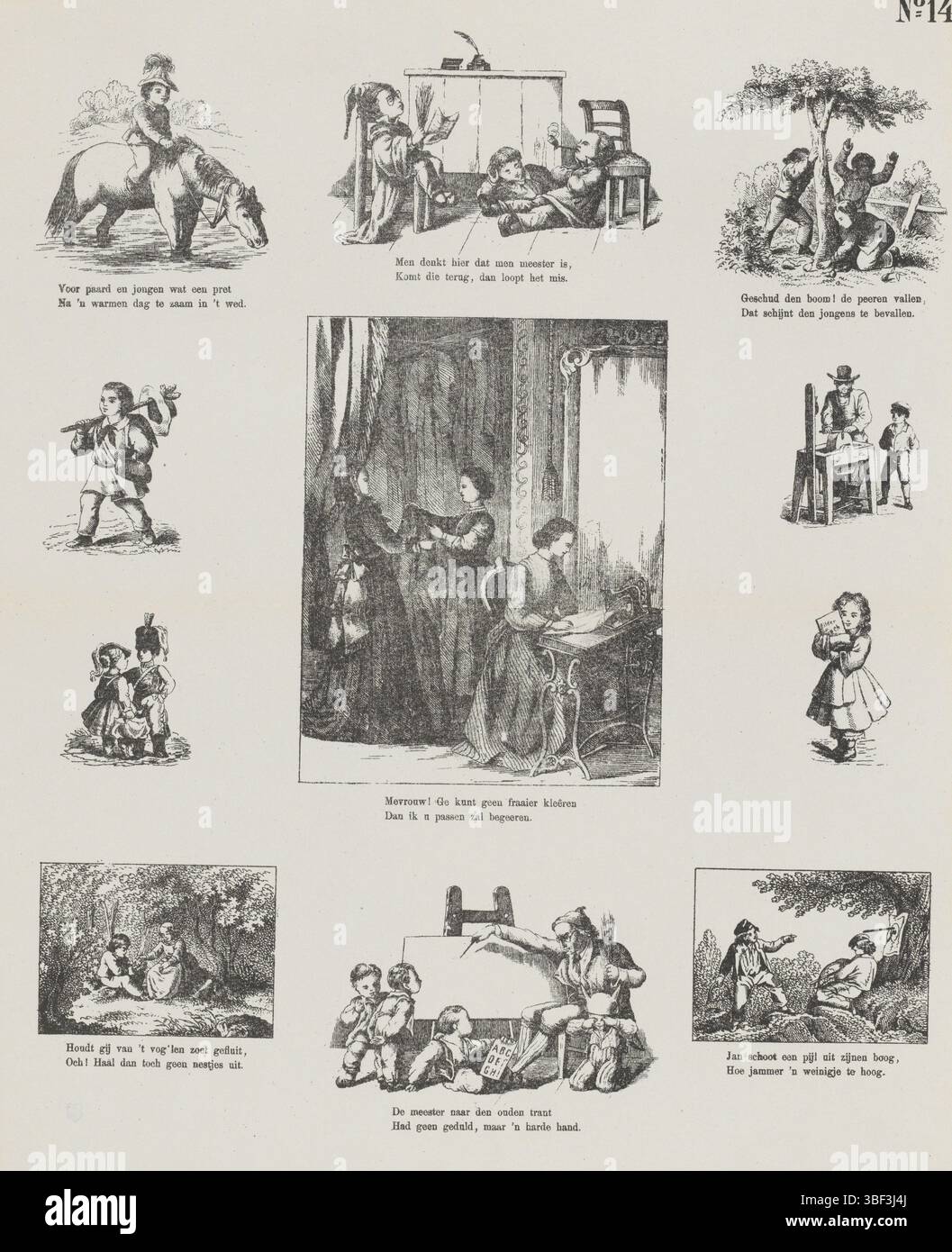 Amsterdam, de Ruyter & Meijer, Meijers Drucke, mehrere Szenen, Amsterdam, rückwärts - gestempelt, Blatt mit 11 Darbietungen verschiedener Art, darunter ein Junge zu Pferd, faule Lämmer, Birnenernte, eine Schneiderin und Schießen mit Pfeil und Bogen. Unter einigen Bildern eine zweizeilige Strophe. Nummeriert oben rechts: Nr. 14., Druck, volkstümliche Drucke, Drucke, Höhe 427 mm, Breite 340 mm, Publikation (Event), Publikation, Niederländisch, Verlag, 1873 - 1873, Papier, Lithografie (Technik), Buchdruck, Buchdruck, Drucker, Drucker Stockfoto