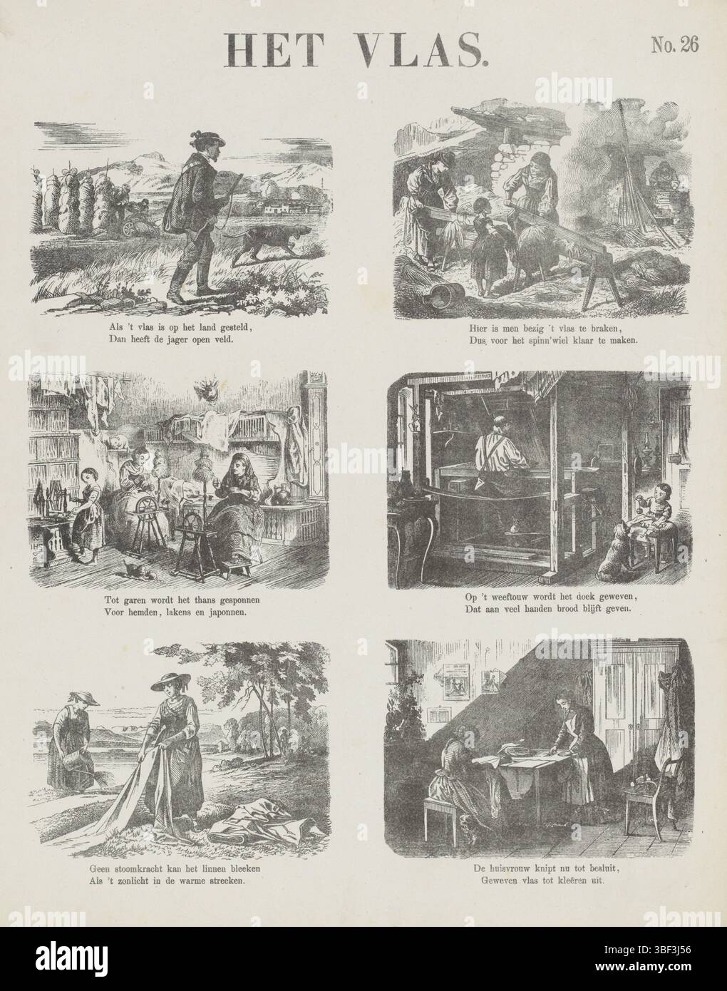 Amsterdam, de Ruyter & Meijer, Meijer's Prints, Het Flax, Amsterdam, verso - gestempelt, Blatt mit 6 Aufführungen über den Anbau und die Verarbeitung von Flachs, einschließlich Abbildungen der Ernte von Flachs, des Erbrechens von Flachs, des Spinnens, des Wobens, des Bleichens und des Schneidens. Unter jedem Bild eine zweizeilige Strophe. Nummeriert oben rechts: Nr. 26., Druck, Volksdrucke, Drucke, Höhe 429 mm, Breite 345 mm, Publikation (Event), Publikation, Niederländisch, Verlag, 1874 - 1874, Papier, Lithografie (Technik), Buchdruck, Buchdruck, Drucker, Drucker Stockfoto