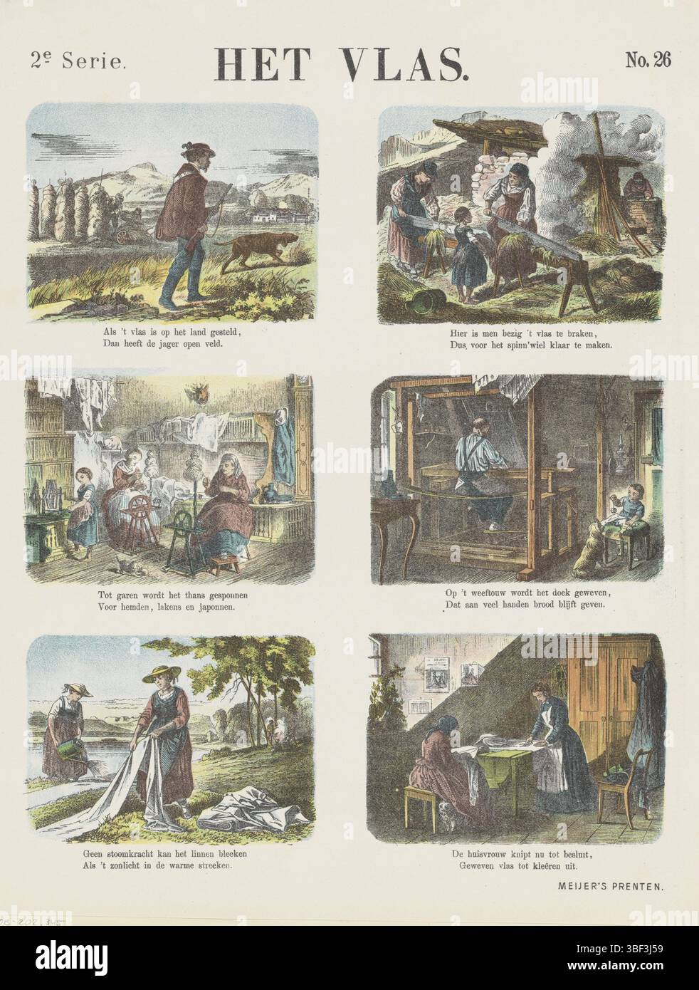 Amsterdam, de Ruyter & Meijer, Meijer's Prints, Het Flax, Amsterdam, verso - gestempelt, Blatt mit 6 Aufführungen über den Anbau und die Verarbeitung von Flachs, einschließlich Abbildungen der Ernte von Flachs, des Erbrechens von Flachs, des Spinnens, des Wobens, des Bleichens und des Schneidens. Unter jedem Bild eine zweizeilige Strophe. Nummeriert oben rechts: Nr. 26., Druck, Volksdrucke, Drucke, Höhe 425 mm, Breite 345 mm, Publikation (Event), Publikation, Niederländisch, Verlag, 1874 - 1874, Papier, Farblithographie (Verfahren), Buchdruck, Buchdruck, Drucker, Drucker Stockfoto