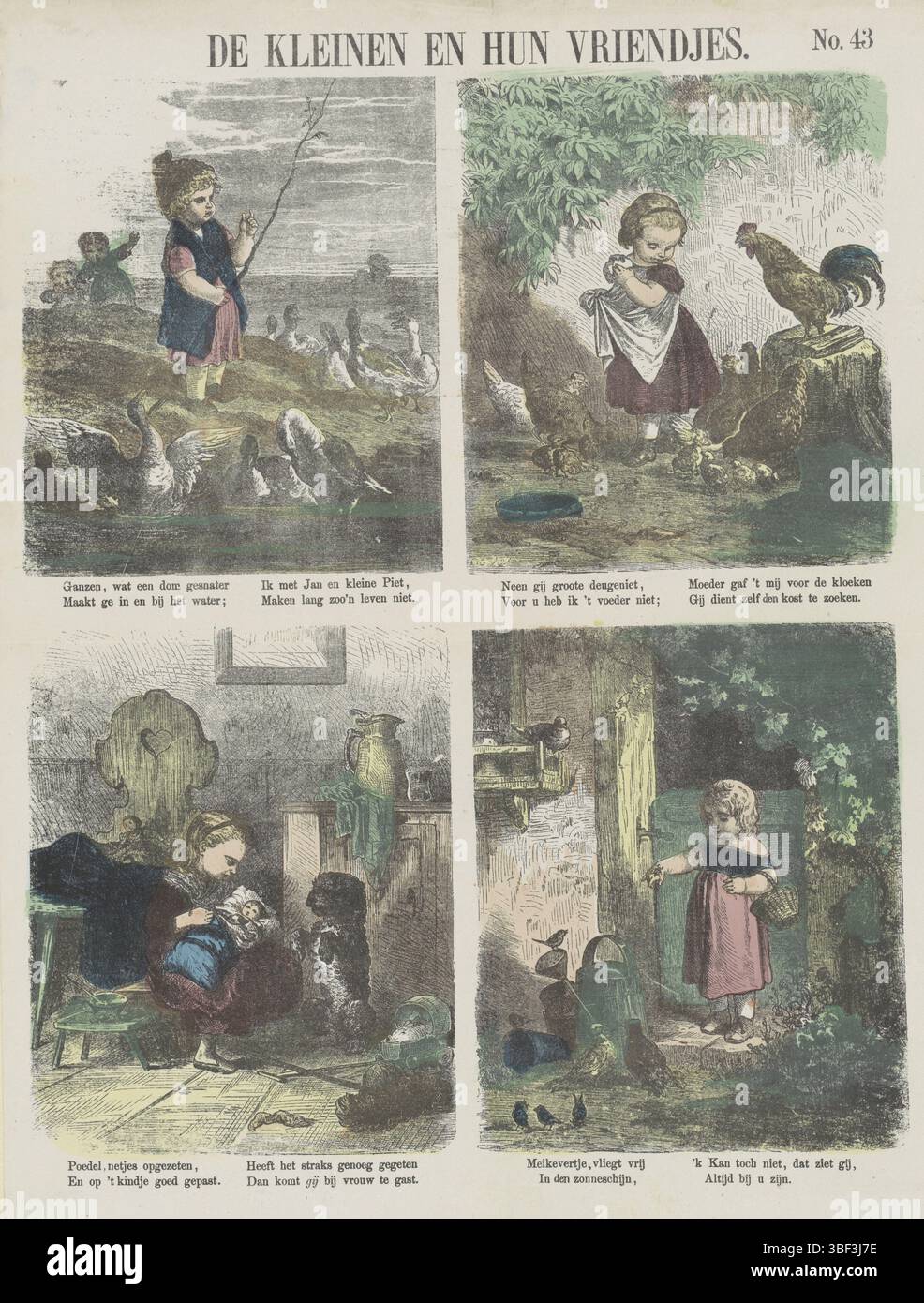 Amsterdam, de Ruyter & Meijer, Meijer's Prints, de kleine und ihre Freunde, Amsterdam, verso - gestempelt, Blatt mit 4 Vorstellungen von Kindern, die mit Tieren spielen. Unter jedem Bild eine vierzeilige Verse in zwei Spalten. Nummeriert oben rechts: Nr. 43., Druck, Folk Prints, Drucke, Höhe 427 mm, Breite 340 mm, Publikation (Event), Publikation, Niederländisch, Verlag, 1874 - 1874, Papier, Lithografie (Technik), Farben, Buchdruck, Bookprint, Printmaker, Printmaker Stockfoto