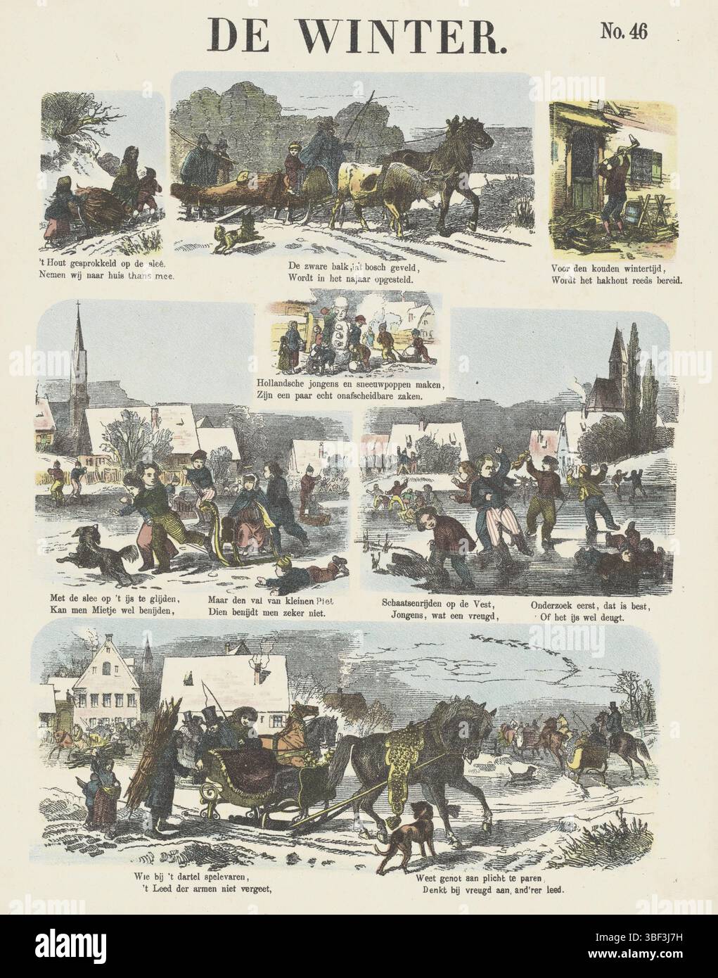 Amsterdam, de Ruyter & Meijer, Meijer's Prints, de Winter, Amsterdam, verso - gestempelt, Blatt mit 7 Winterszenen. Unter jedem Bild ein Vers. Nummeriert oben rechts: Nr. 46., Druck, Folk Prints, Drucke, Höhe 425 mm, Breite 341 mm, Publikation (Event), Publikation, Niederländisch, Verlag, 1874 - 1874, Papier, Farblithographie (Verfahren), Buchdruck, Printmaker, Printmaker Stockfoto