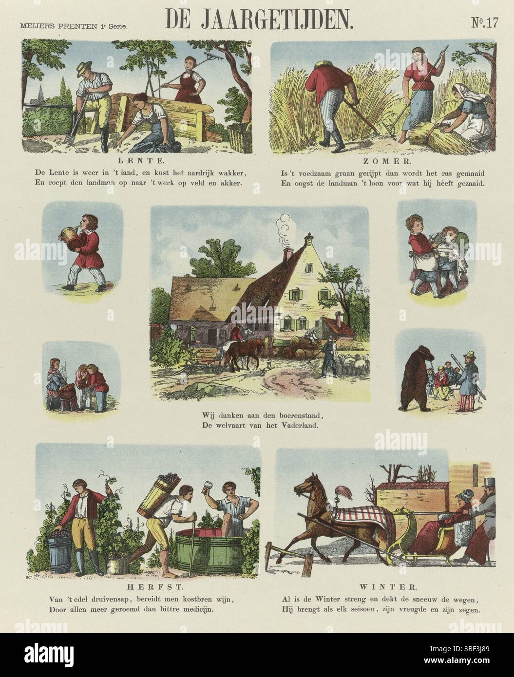 Amsterdam, de Ruyter & Meijer, Meijer's Prints, de jaargetijden, Amsterdam, verso - gestempelt, Blatt mit 9 Aufführungen der vier Jahreszeiten, spielenden Kindern und einem Bäreneimer. Unter einigen Bildern eine Beschriftung. Nummeriert oben rechts: Nr. 17., Druck, Volksdrucke, Drucke, Höhe 427 mm, Breite 342 mm, Publikation (Event), Publikation, Niederländisch, Verlag, 1873 - 1873, Papier, Farblithographie (Verfahren), Buchdruck, Printmaker, Printmaker Stockfoto