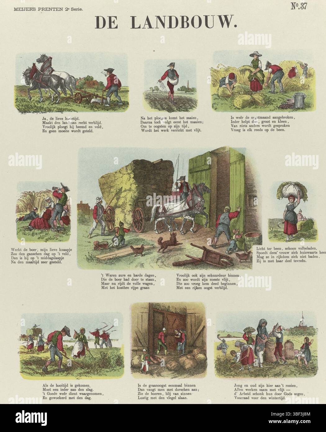 Amsterdam, de Ruyter & Meijer, Meijer's Prints, de landbouw, Amsterdam, verso - gestempelt, Blatt mit 9 Bildern von landwirtschaftlichen Szenen, einschließlich Pflügen, Aussäen, Ernte, Ausruhen auf dem Feld, Heuwagen, Bauernfrau, Heu, Dreschen und Kartoffelkratzen. Unter jedem Bild ein Vers. Nummeriert oben rechts: Nr. 37., Druck, Folk Prints, Drucke, Höhe 427 mm, Breite 346 mm, Publikation (Event), Publikation, Niederländisch, Verlag, 1874 - 1874, Papier, Farblithographie (Verfahren), Buchdruck, Drucker, Drucker Stockfoto