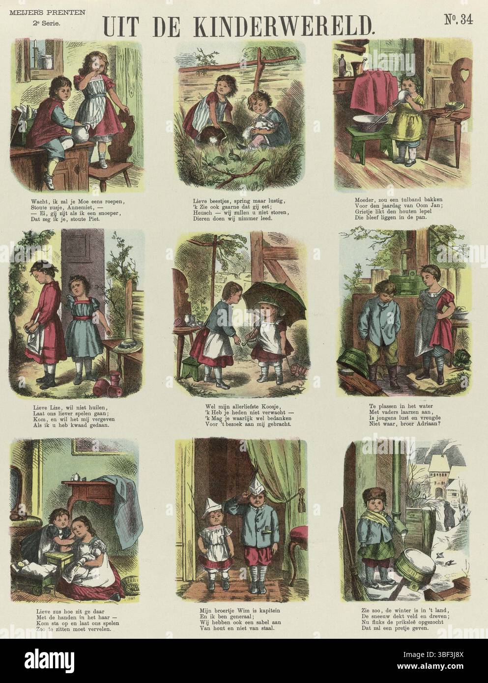 Amsterdam, de Ruyter & Meijer, Meijer's Prints, from the Children's World, Amsterdam, Verso - gestempelt, Blatt mit 9 Vorstellungen, bei denen Kinder Spiele spielen, Kinder Süßigkeiten spielen, mit Kaninchen spielen, Panik, Kämpfe, er spielt mit der Puppe und dem Soldaten. Unter jedem Bild eine vierzeilige Strophe. Nummeriert oben rechts: Nr. 34, Druck, Folk Prints, Drucke, Höhe 427 mm, Breite 345 mm, Publikation (Event), Publikation, Niederländisch, Verlag, 1874 - 1874, Papier, Farblithographie (Verfahren), Buchdruck, Printmaker, Printmaker Stockfoto