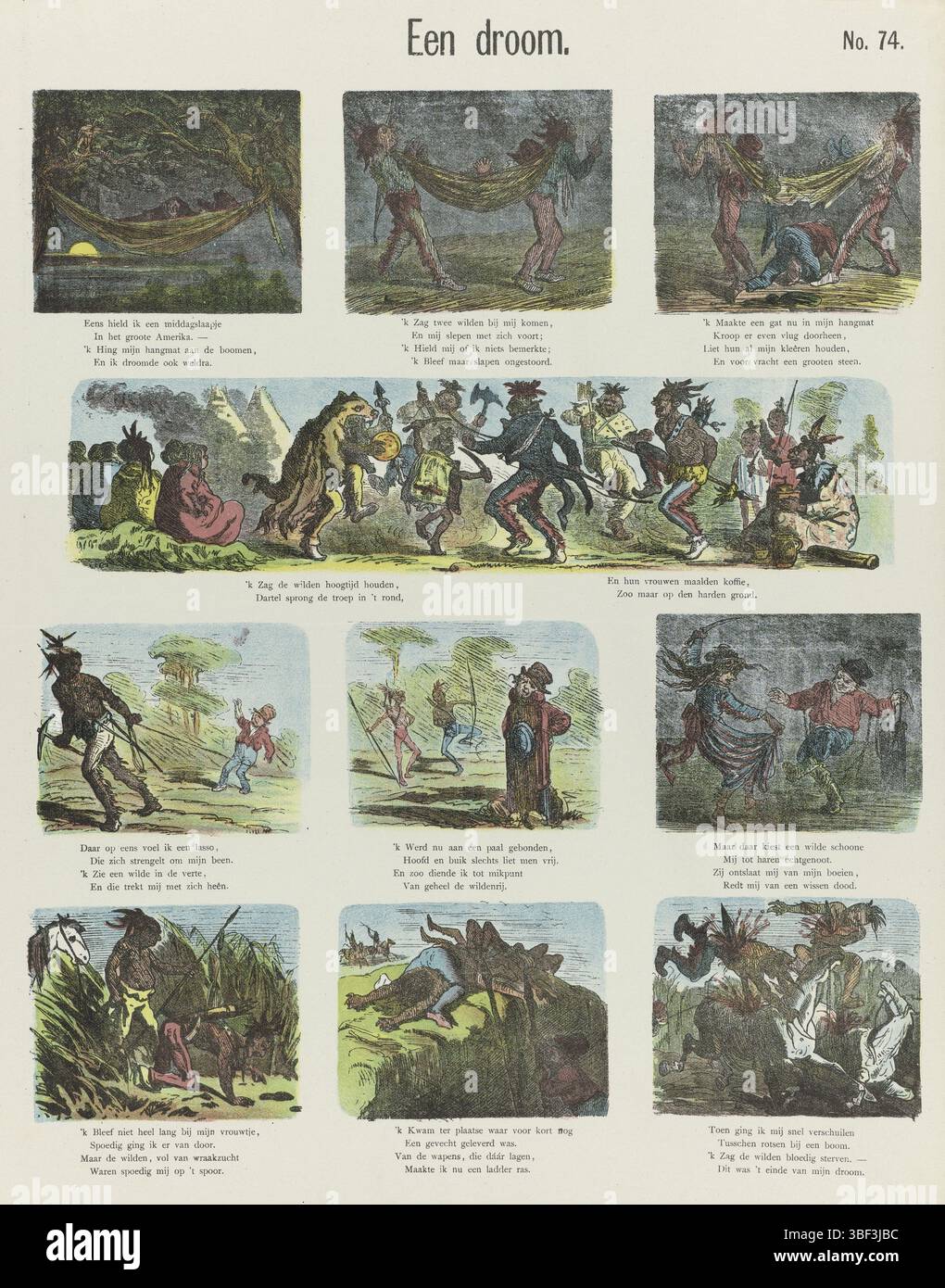 Geissler, Rudolf Carl Gottfried, Amsterdam, de Ruyter & Meijer, Meijers Drucke, Ein Traum, verso - gestempelt, Blatt mit 10 Aufführungen über einen Traum über Indianer. Unter jedem Bild eine vierzeilige Strophe. Nummeriert oben rechts: Nr. 74., Druck, Folk Prints, Drucke, Höhe 427 mm, Breite 343 mm, Publikation (Event), Publikation, Niederländisch, Verlag, 1881 - 1881, Papier, Farblithographie (Verfahren), Buchdruck, Deutsch, 15. 01. 1834 - 15. 09. 1906, Druckerei, Druckerei Stockfoto