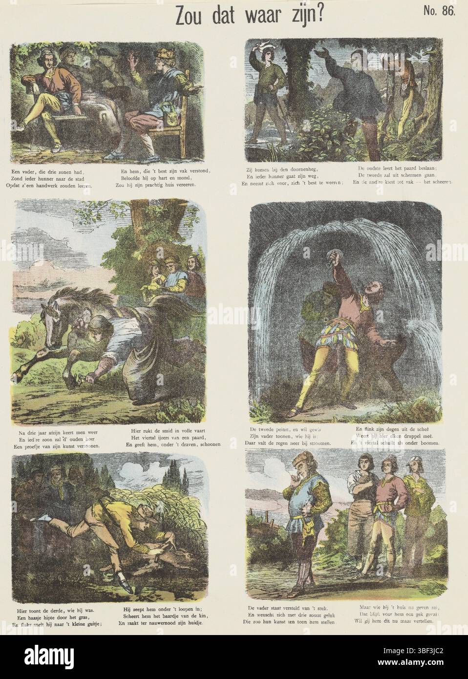 Amsterdam, de Ruyter & Meijer, Meijers Drucke, Would That Be True?, Amsterdam, verso - gestempelt, Blatt mit 6 Aufführungen aus der Geschichte der drei Söhne des Kohlebrenners. Unter jedem Bild eine sechszeilige Verse in zwei Spalten. Nummeriert oben rechts: Nr. 86., Druck, Folk Print, Prints, Folk Prints, Folk Prints, Höhe 415 mm, Breite 340 mm, Publikation (Ereignis), Publikation, Niederländisch, Verlag, 1881 - 1881, Papier, Farblithografie (Prozess), Hochdruck, Buchdruck, Druckerei, Druckerei Stockfoto