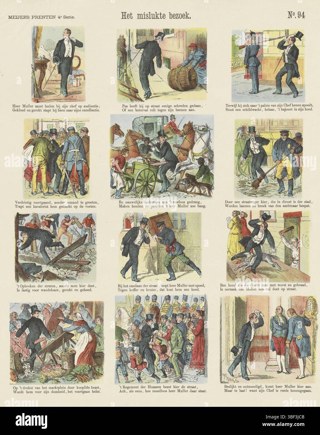 Burger, Amsterdam, de Ruyter & Meijer, Meijers Drucke, der gescheiterte Besuch, verso - gestempelt, Blatt mit 12 Comic-Aufführungen über Herrn Müller, der auf seinem Weg zu einem Termin alle möglichen verzögernden Probleme trifft und zu spät zum Termin kommt. Unter jedem Bild eine zweizeilige Strophe. Nummeriert oben rechts: Nr. 94, Druck, Folk-Druck, Drucke, Folk-Drucke, Höhe 427 mm, Breite 341 mm, Publikation (Ereignis), Publikation, Niederländisch, Verlag, 1881 - 1881, Papier, Farblithografie (Prozess), Hochdruck, Buchdruck, Druckerei, Druckerei Stockfoto
