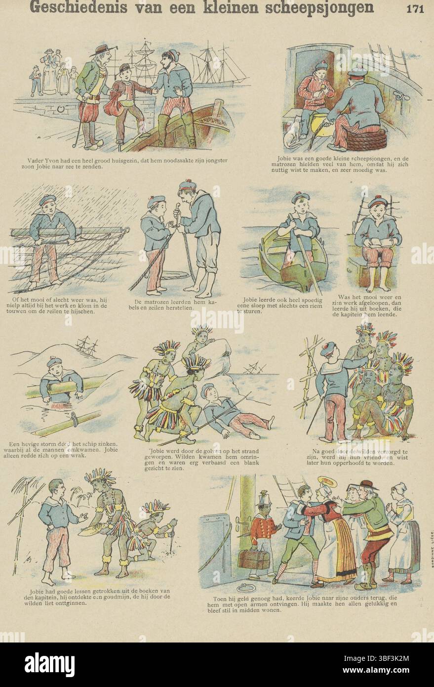 Lüttich, Gordinne, Geschichte eines kleinen Schiffsjungen, vero - gestempelt, Blatt mit 11 Shows über den kleinen Schiffsjungen Jobie. Als das Schiff sank und Jobie als einziger überlebte, wuchs er mit Wilden auf. Unter jedem Bild eine Beschriftung. Nummeriert oben rechts: Nr. 171., Druck, Folk Print, Drucke, Höhe 398 mm, Breite 270 mm, Publikation (Ereignis), Publikation, Verlag, 1894 - 1959, Papier, Farblithographie (Prozess), Buchdruck, Buchdruck, Druckmaschine, Druckmaschine Stockfoto