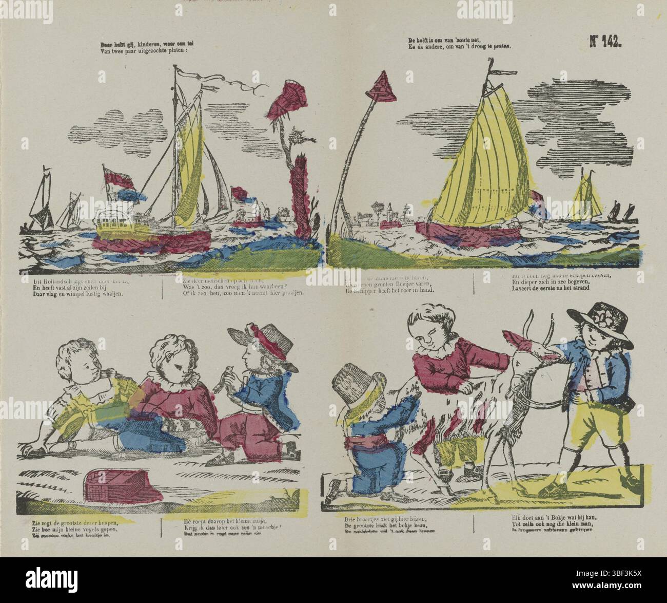Schaarbeek, Hemeleers-van Houter, M., Nederland, Lieshout, Johannes Egbertus van, da haben Sie, Kinder, viel, von zwei Paar ausgewählte Teller:, die Hälfte ist zu salzen nass, und die andere, um über die Abnutzung zu sprechen, Niederlande, verso - gestempelt, Blatt mit 4 Aufführungen. Über zwei Shows von Schiffen, unter zwei Shows von Kindern, die mit Tieren spielen. Unter jedem Bild eine sechszeilige Verse in zwei Spalten. Nummeriert oben rechts: Nr. 142., Druck, Folk Print, Folk Prints, Prints, Höhe 320 mm, Breite 388 mm, 1770, Printmaker, 1827 - 1894, Papier, Holzschnitt, Farben, Buchdruck, Publikation (Eve Stockfoto