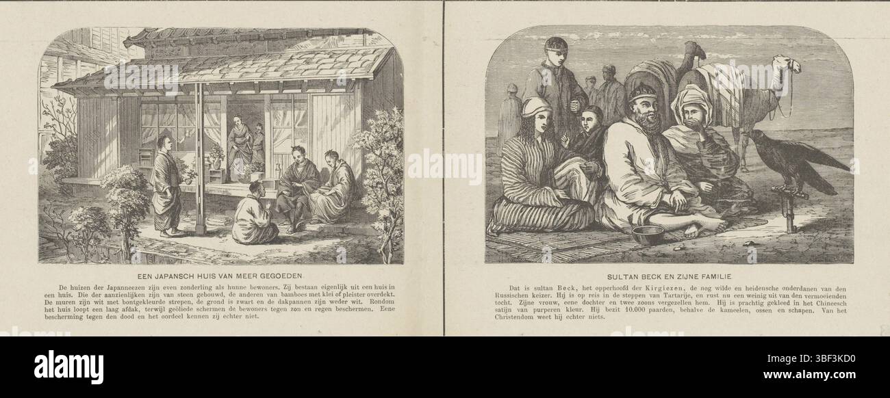 Amsterdam, Vlieger, Jan, onbekend, Johnston, J., Tafereelen uit de Heidenwereld, Amsterdam, unbekannt, verso - gestempelt, Blatt mit 4 Darbietungen fremder Völker und Szenen. Ein japanisches Haus, Sultan Beck und seine Familie, schmelzen Eisen auf Madagaskar und ein Dorf auf Madagaskar. Unter jedem Bild eine Bildunterschrift., Druck, Folk Print, Drucke, Höhe 427 mm, Breite 320 mm, Maker, 1871 - 1908, Papier, Holzstich, Gallvanoplastik, Buchdruck, Schöpfer, Verlag, Publikation (Veranstaltung), Publikation, 10.11.1844, 14.01.1908, Verlag Stockfoto