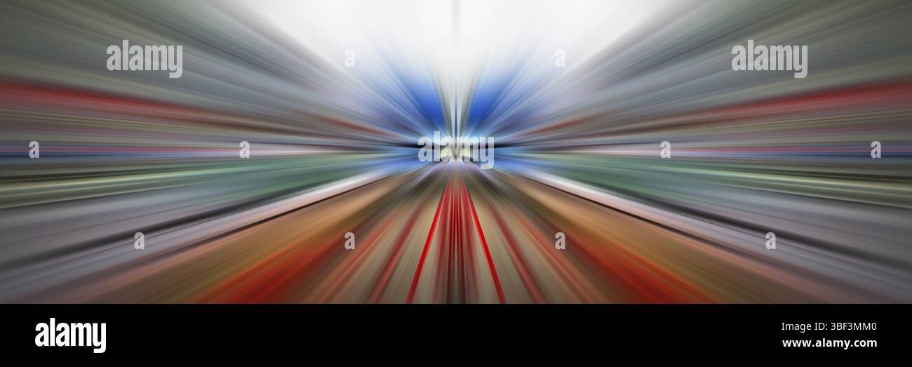 Dynamische Lichtlinien. Licht vom Mittelpunkt. Heller Lichtblitz. Dynamische Bewegung im Raum Stockfoto