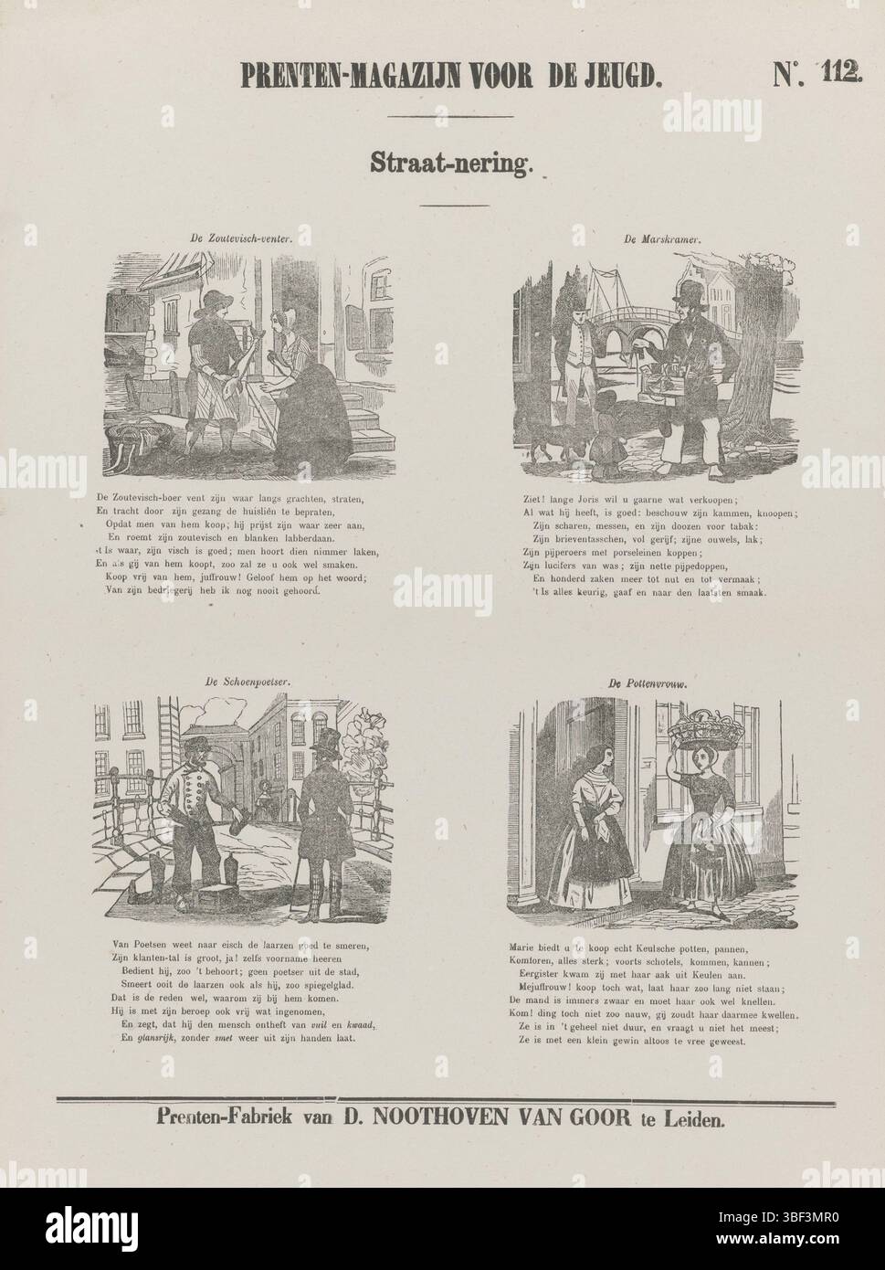 Niederlande, Leiden, Noothoven van Goor, Dirk, Straat-nering, Drucklager für Jugendliche, Straßenverkäufer, Niederlande, verso - gestempelt, Blatt mit 4 Vorstellungen von Straßenverkäufern: ein Fischverkäufer, ein Marskramer, ein Schuhpolierer und eine Topfverkäuferin. Über jedem Bild ein Titel, unter jedem Bild eine achtzeilige Strophe. Nummeriert oben rechts: Nr. 112., Druck, Folk Print, Drucke, Höhe 427 mm, Breite 307 mm, Publikation (Ereignis), Publikation, Verlag, 1850 - 1881, Papier, Holzgravur, Buchdruck, Buchdruck, Druckerei, Drucker Stockfoto