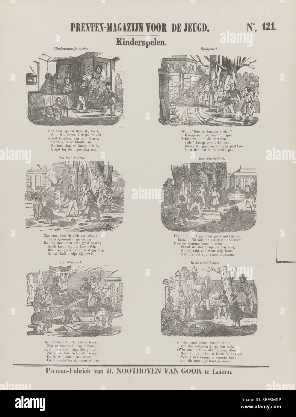 Niederlande, Leiden, Noothoven van Goor, Dirk, Kinderspiele, Druckmagazin für Jugendliche, Niederlande, verso - gestempelt, Blatt mit 6 Aufführungen von Kinderspielen, wie Blinde und Fucks. Über jedem Bild ein Titel, unter jedem Bild eine sechszeilige Strophe. Nummeriert oben rechts: Nr. 121., Druck, Folk Print, Drucke, Höhe 427 mm, Breite 309 mm, Publikation (Ereignis), Publikation, Verlag, 1850 - 1881, Papier, Holzgravur, Buchdruck, Buchdruck, Druckerei, Druckmaschine Stockfoto