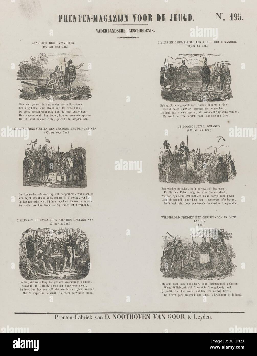 Niederlande, Leiden, Noothoven van Goor, Dirk, Drucklager für Jugendliche, Vaderlandsche geschiedenis, Niederlande, verso - gestempelt, Blatt mit 6 Aufführungen der Geschichte der Batavieren. Über jeder Aufführung einen Titel und ein Jahr, unter jeder Aufführung eine vier- oder fünfzeilige Strophe. Nummeriert oben rechts: Nr. 195., Druck, Folk Print, Drucke, Höhe 427 mm, Breite 337 mm, Publikation (Ereignis), Publikation, Verlag, 1850 - 1881, Papier, Holzgravur, Buchdruck, Buchdruck, Druckerei, Drucker Stockfoto