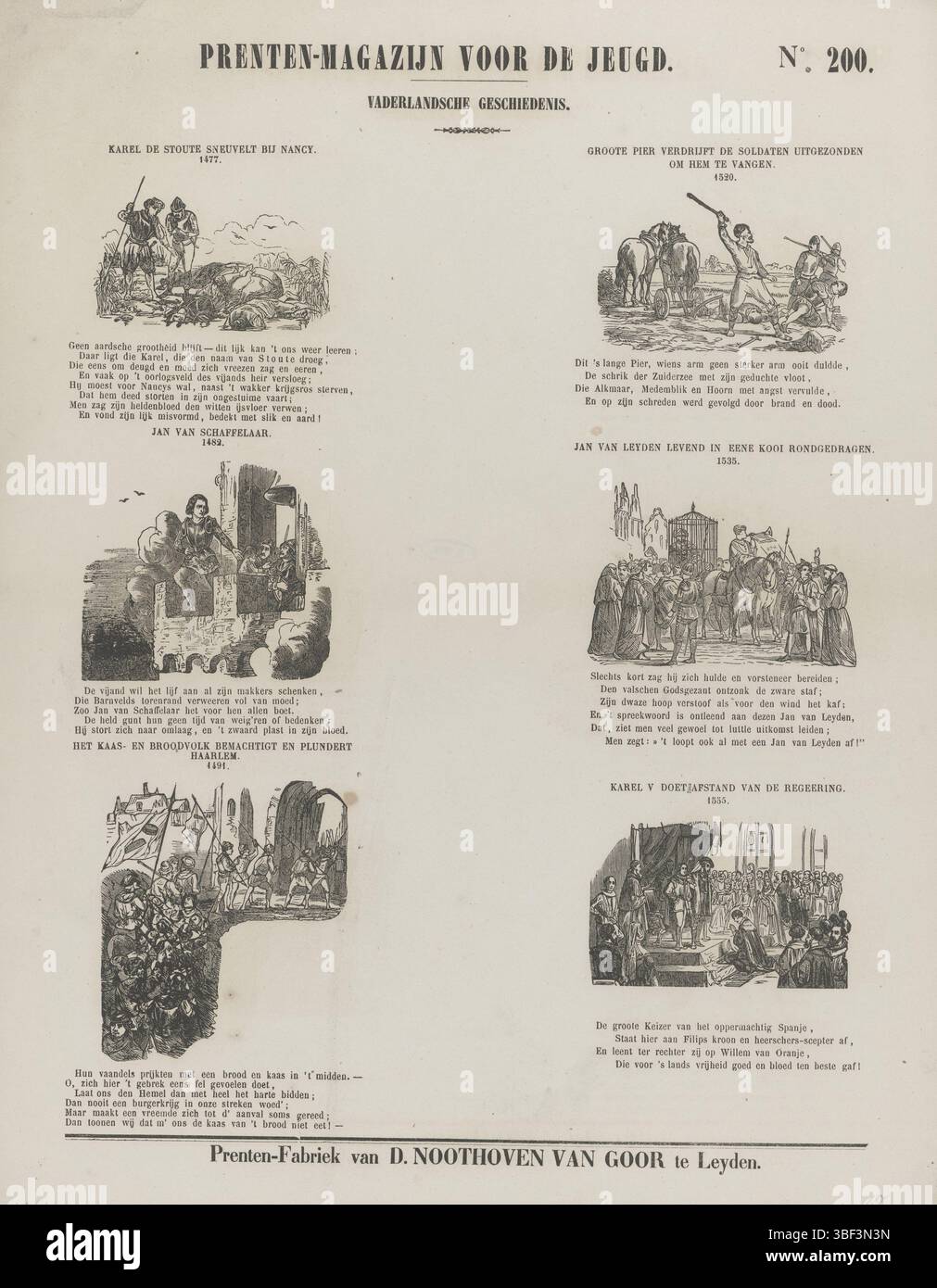 Niederlande, Leiden, Noothoven van Goor, Dirk, Drucklager für Jugendliche, Vaderlandsche geschiedenis, Niederlande, verso - gestempelt, Blatt mit 6 Aufführungen aus patriotischer Geschichte. Über jeder Aufführung einen Titel und ein Jahr, unter jeder Aufführung einen Vers. Nummeriert oben rechts: Nr. 200, Druck, Folk Print, Folk Prints, Prints, Höhe 427 mm, Breite 345 mm, Publikation (Ereignis), Publikation, Verlag, 1850 - 1881, Papier, Holzstich, Buchdruck, Buchdruck, Drucker, Drucker Stockfoto