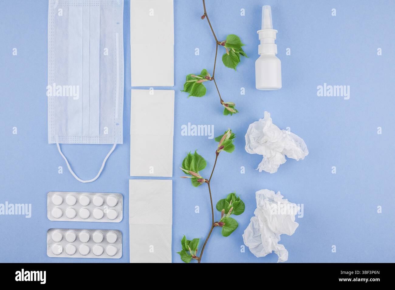 Kreative flach Konzept der saisonale Frühling Pollenallergie mit Servietten, Pillen, Gesichtsmaske, Tropfen in eine Flasche und frisches Grün sprießt mit Knospen mit c Stockfoto