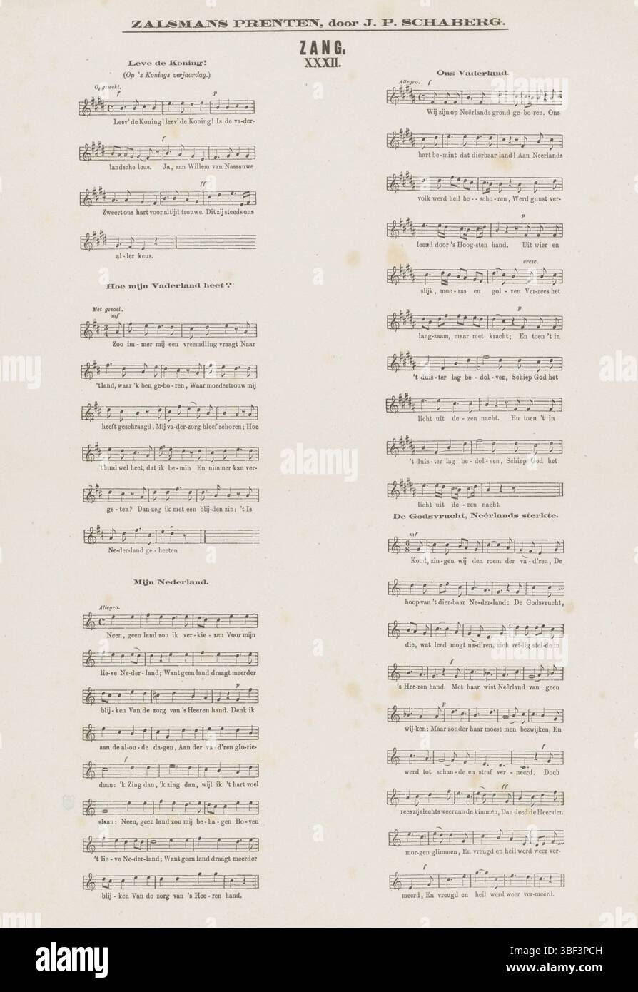 Europa, Niederlande, Schaberg, J.P., Kampen, Zalsman, Gerhardus Philippus, Zalmans Prints, Zang, Europa, Niederlande, verso - gestempelt, Notenblatt für fünf verschiedene Songs, wie z. B. „Live the King!“ Und "wie heißt meine Heimat?" Nummeriert Mitte oben: XXXII., Druck, Folk Prints, Drucke, Höhe 427 mm, Breite 310 mm, Publikation (Ereignis), Publikation, Niederländisch, 1834 - 1910, Verlag, 1869 - 1882, Papier, Holzstich, Buchdruck, Buchdruck, 20. 01. 1818 - 10. 09. 1903, Redakteur, Printmaker Stockfoto