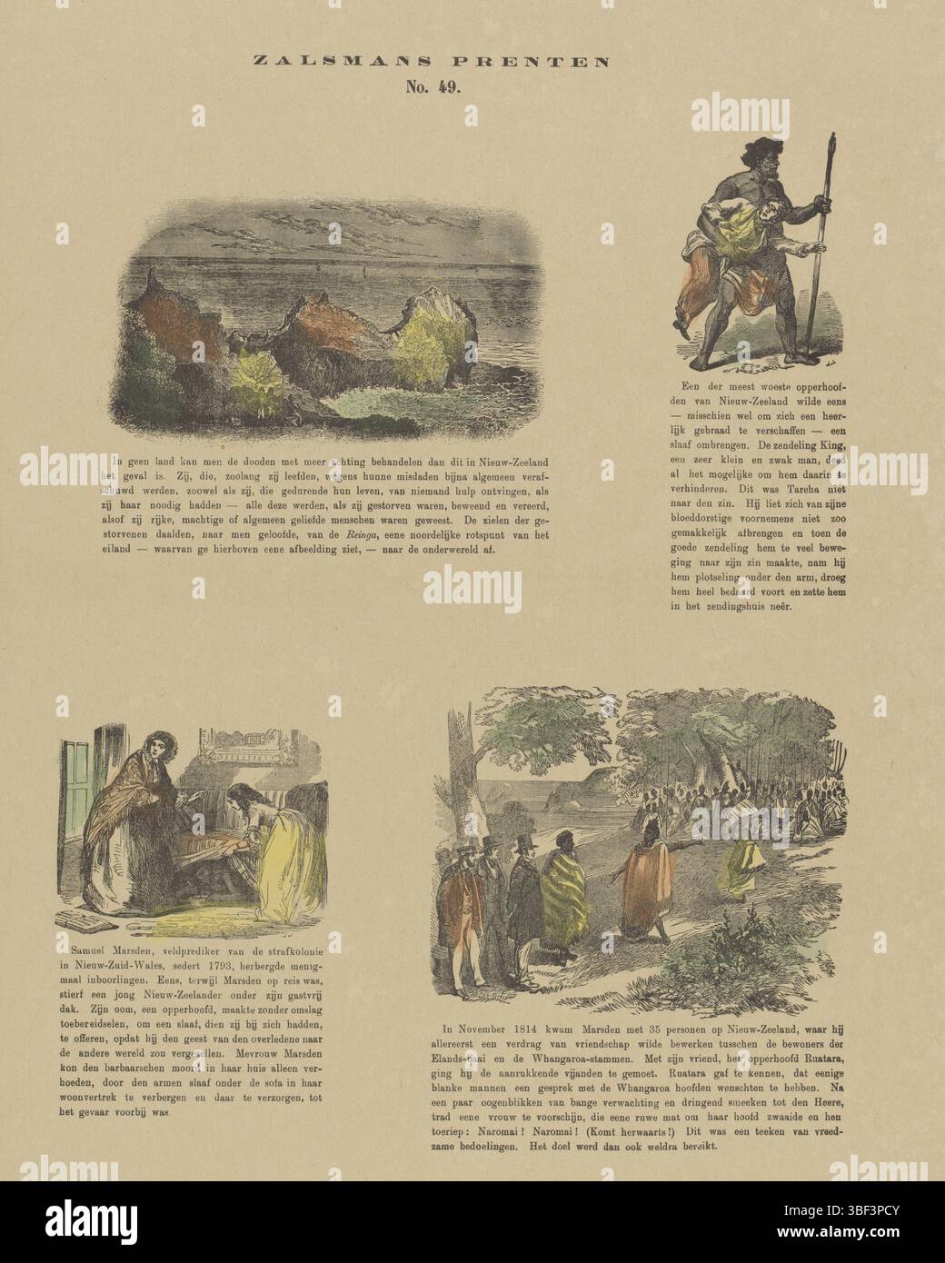 Nederland, Veenendaal, E.J., Kampen, Zalsman, Gerhardus Philippus, Europa, onbekend, Robinson, Zalmans Drucke, Neuseeland und Neuseeländer, Niederlande, Europa, unbekannt, rückseitig - gestempelt, Blatt mit 4 Aufführungen von Neuseeland und Neuseeland. Unter jedem Bild eine Beschriftung. Nummeriert Mitte oben: Nr. 49, Druck, Folk Print, Prints, Folk Prints, Höhe 427 mm, Breite 345 mm, Druckmaschine, 1869 - 1882, Papier, Holzstich, Farben, Buchdruck, Publikation (Event), Publikation, Niederländisch, 1834 - 1910, Herausgeber, - 1930, Editor Stockfoto