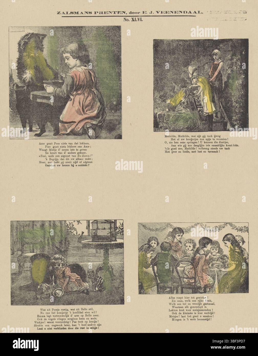 Europa, unbekannt, Niederlande, Veenendaal, E.J., Kampen, Zalsman, Gerhardus Philippus, Zalmans Drucke, Kinderstaferelen, Europa, verso - gestempelt, Klinge traf 4 Kinderdielen. Unter jedem Bild ein Vers. Nummeriert Mitte oben: XLVI., Druck, Folk Prints, Drucke, Höhe 427 mm, Breite 340 mm, Publikation (Ereignis), Publikation, Niederländisch, 1834 - 1910, Verlag, 1869 - 1882, Papier, Holzstich, Farben, Buchdruck, Buchdruck, - 1930, Redakteur, Druckerei, Drucker Stockfoto
