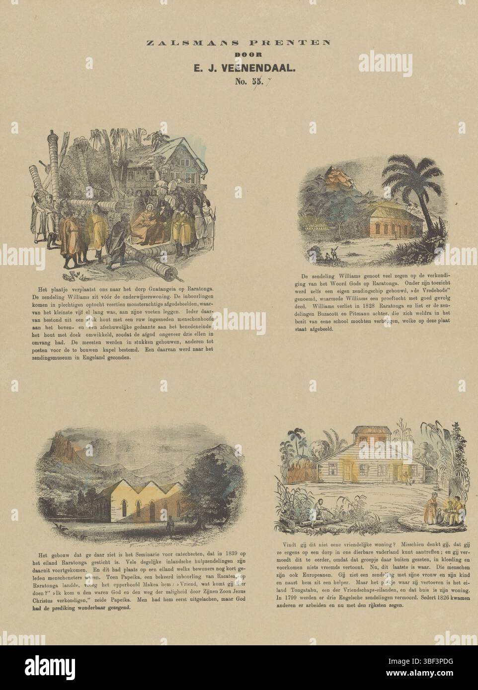 Europa, Niederlande, Veenendaal, E.J., Kampen, Zalsman, Gerhardus Philippus, Zalmans Drucke, John Williams auf Samoa, Europa, Niederlande, verso - gestempelt, Blatt mit 4 Aufführungen des Missionars John Williams auf Rarotonga. Unter jedem Bild eine Beschriftung. Nummeriert Mitte oben: Nr. 55, Druck, Folk Print, Prints, Folk Prints, Höhe 427 mm, Breite 344 mm, Publikation (Ereignis), Publikation, Niederländisch, 1834 - 1910, Verlag, 1869 - 1882, Papier, Holzstich, Farben, Buchdruck, - 1930, Editor, Drucker, Drucker Stockfoto