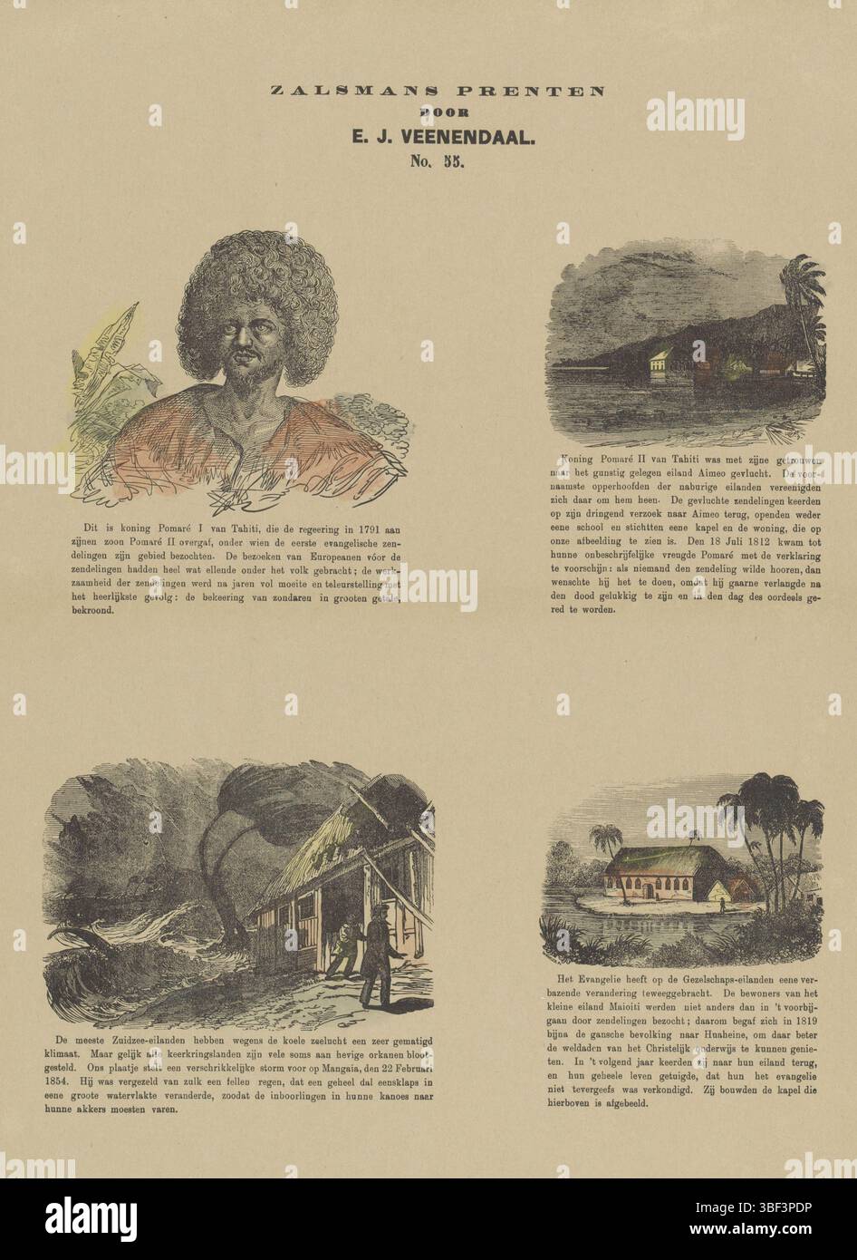 Europa, Niederlande, Veenendaal, E.J., Kampen, Zalsman, Gerhardus Philippus, Zalmans Drucke, Cook Islands and Residents, Europa, Niederlande, verso - gestempelt, Blatt mit 4 Bildern eines Bewohners, Häuser und Idole der Sandwichinseln. Unter jedem Bild eine Beschriftung. Nummeriert Mitte oben: Nr. 55, Druck, Folk Print, Prints, Folk Prints, Höhe 427 mm, Breite 345 mm, Publikation (Ereignis), Publikation, Niederländisch, 1834 - 1910, Verlag, 1869 - 1882, Papier, Holzstich, Farben, Buchdruck, - 1930, Editor, Drucker, Drucker Stockfoto