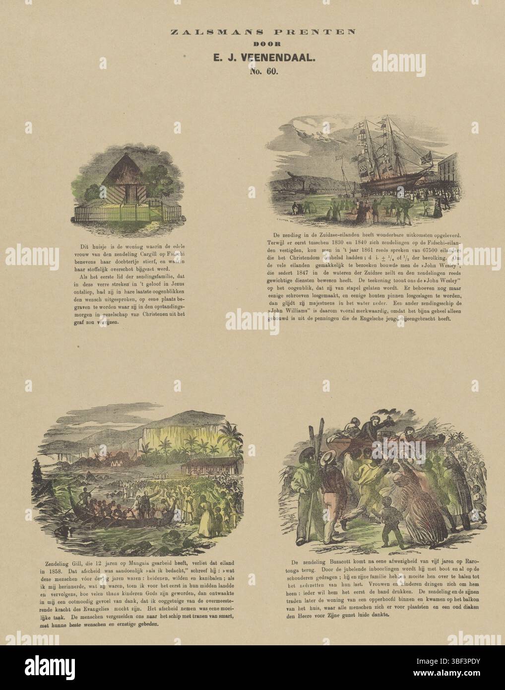 Europa, Europa, unbekannt, Niederlande, Veenendaal, E.J., Kampen, Zalsman, Gerhardus Philippus, Zalmans Drucke, Missionare, verso - gestempelt, Blatt mit 4 Aufführungen von Missionaren. Unter jedem Bild eine Beschriftung. Nummeriert Mitte oben: Nr. 60., Druck, Folk Prints, Drucke, Höhe 427 mm, Breite 344 mm, Publikation (Ereignis), Publikation, Niederländisch, 1834 - 1910, Verlag, 1869 - 1882, Papier, Holzstich, Farben, Buchdruck, Buchdruck, - 1930, Redakteur, Druckerei, Druckmaschine Stockfoto