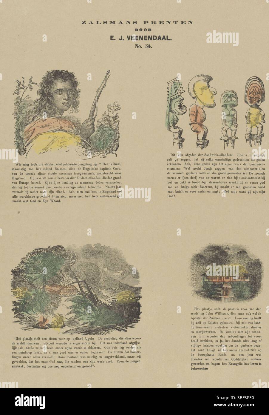 Europa, Niederlande, Veenendaal, E.J., Kampen, Zalsman, Gerhardus Philippus, Zalmans Drucke, Sandwichinseln und Bewohner, Europa, Niederlande, verso - gestempelt, Blatt mit 4 Bildern eines Bewohners, Häuser und Idole der Sandwichinseln. Unter jedem Bild eine Beschriftung. Nummeriert Mitte oben: Nr. 54., Druck, Folk Prints, Drucke, Höhe 427 mm, Breite 345 mm, Publikation (Ereignis), Publikation, Niederländisch, 1834 - 1910, Verlag, 1869 - 1882, Papier, Holzstich, Farben, Buchdruck, Buchdruck, - 1930, Redakteur, Druckerei, Drucker Stockfoto