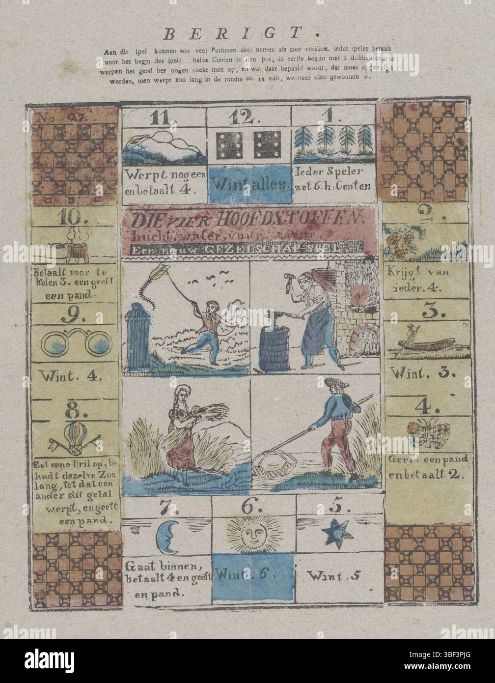 Niederlande, Niederlande, die vier wichtigsten Stoffe Luft, Wasser, Feuer, Erde. ein neues Firmenspiel, Niederlande, verso - gestempelt, Boardspel mit dem Thema die vier Elemente. Zentrale vier Gänge mit Fantasie der vier Elemente. Um ihn herum zwölf nummerierte Felder mit Befehlen. Mitte über den Regeln im Buchdruck. Nummeriert oben links: Nr. 27., Druck, Folk Print, Gameboard, Spielbrett, Drucke, Volksdrucke, Höhe 427 mm, Breite 341 mm, Publikation (Veranstaltung), Publikation, Verlag, 1700 - 1899, Papier, Holzschnitt, Farben, Buchdruck, Bookprint, PrintMaker, Printmaker Stockfoto