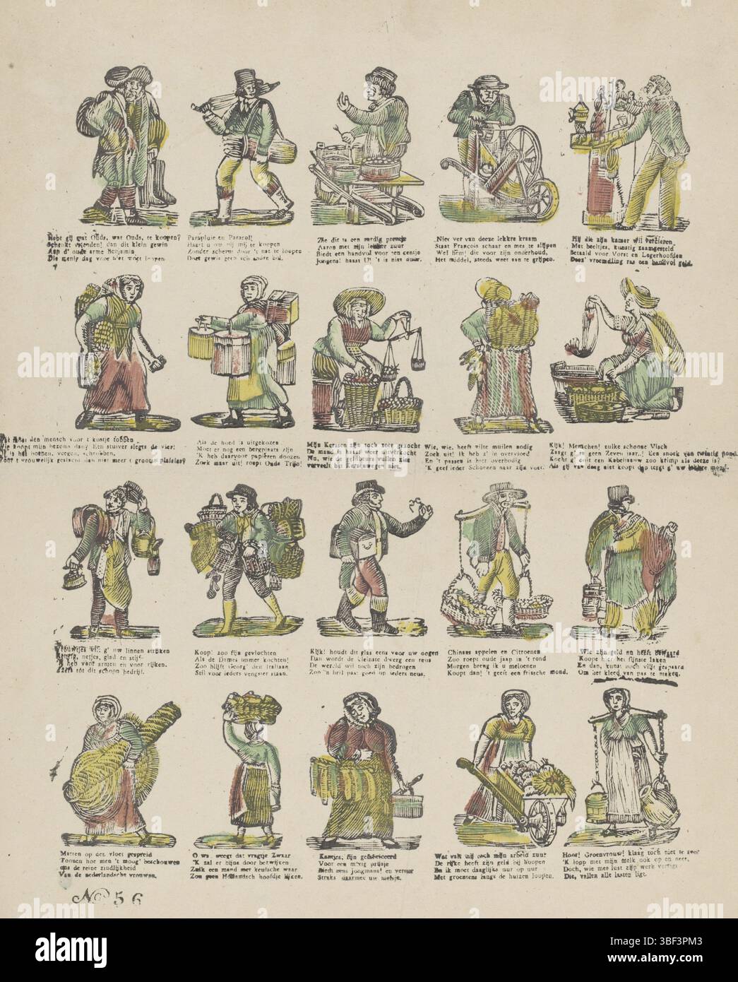 Niederlande, Niederlande, Straatsellers, verso - gestempelt, Blatt mit 20 Aufführungen von Straßenhändlern. Unter jedem Bild eine vierzeilige Strophe im Buchdruck. Nummeriert unten links: Nr. 56, Druck, Folk Print, Drucke, Folk Prints, Höhe 427 mm, Breite 329 mm, Druckmaschine, 1700 - 1899, Papier, Holzschnitt, Buchdruck, Buchdruck, Farbe, Publikation (Event), Publikation, Herausgeber Stockfoto