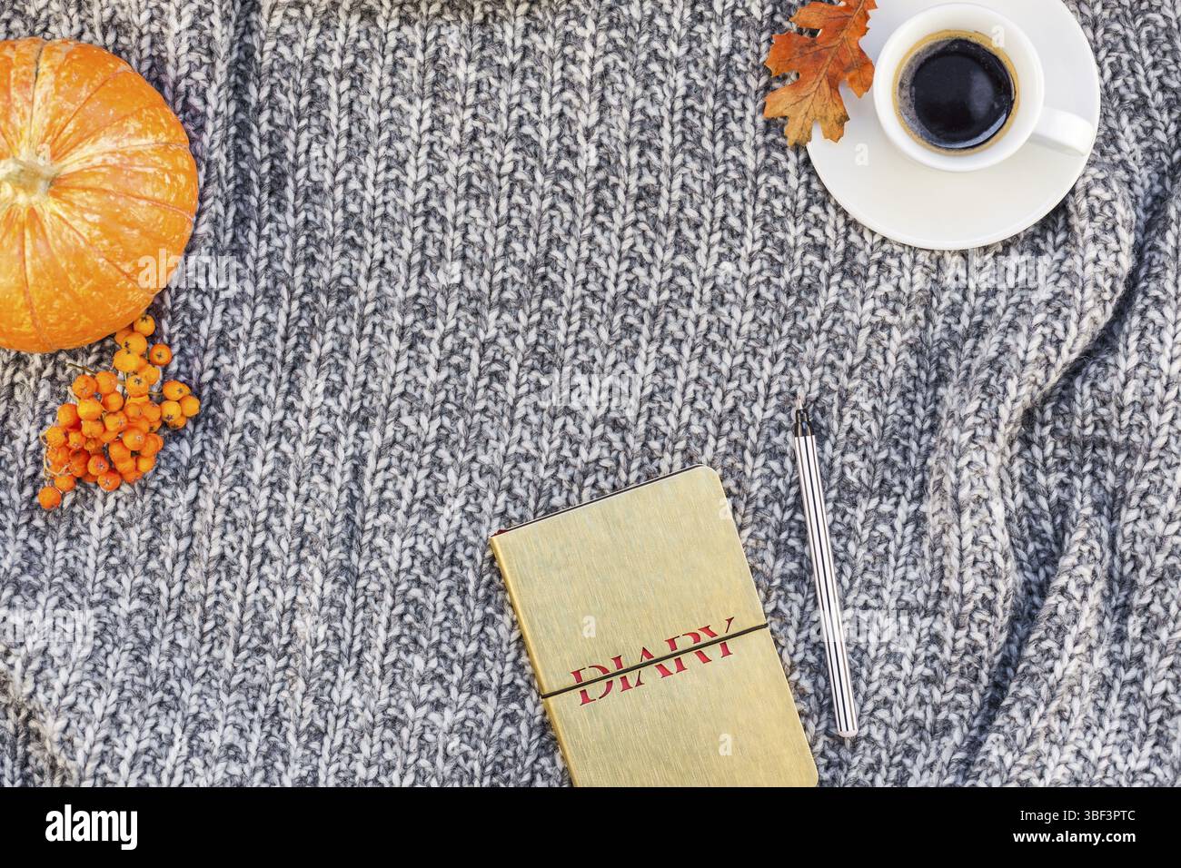 Kreative Herbst flach overhead Draufsicht stilvolle Home Arbeitsbereich mit Notebook Kaffee Tasse gemütlichen grau gestrickt plaid Background Copy space. Herbst Stockfoto