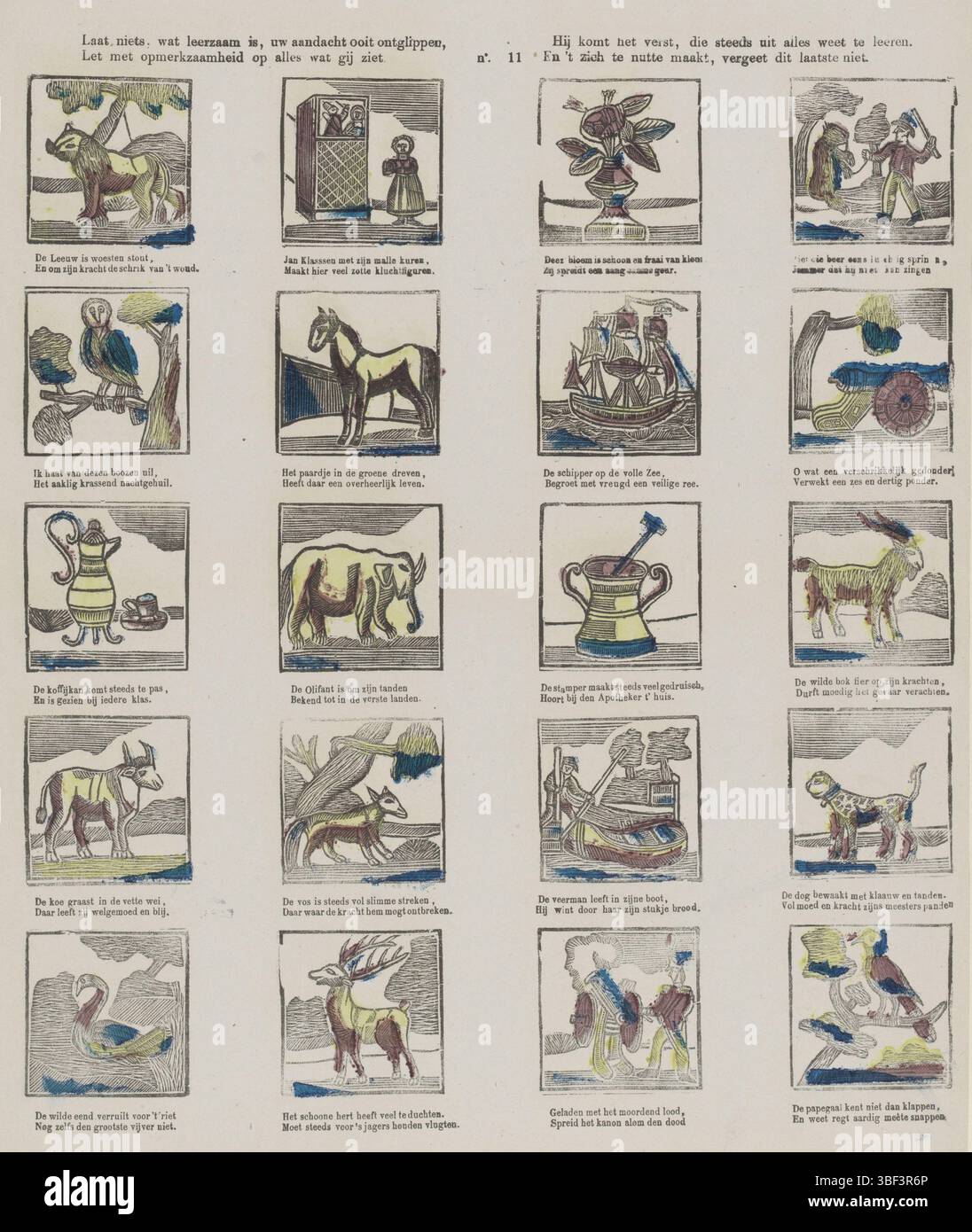 Die Niederlande, 's-Hertogenbosch, Lutkie & Cranenburg, Let Nothing, das Bildungswesen, wenn du dich immer von deiner Aufmerksamkeit wegziehst, achte auf alles, was du siehst, Er kommt am weitesten, der immer von allem lernt, und es macht sich nützlich, vergiss nicht, Letzteres, Niederlande, s Hertogenbosch, rückseitig - gestempelt, Blatt mit 20 Darstellungen von Objekten, Tieren und Figuren. Unter jeder Aufführung eine zweizeilige Strophe. Nummeriert Mitte oben: nein 11., Druck, volkstümliche Drucke, Drucke, Höhe 395 mm, Breite 324 mm, Publikation (Event), Publikation, Niederländisch, Verlag, 1848 - 1881, Papier, Holzschnitt, Farben, Stockfoto