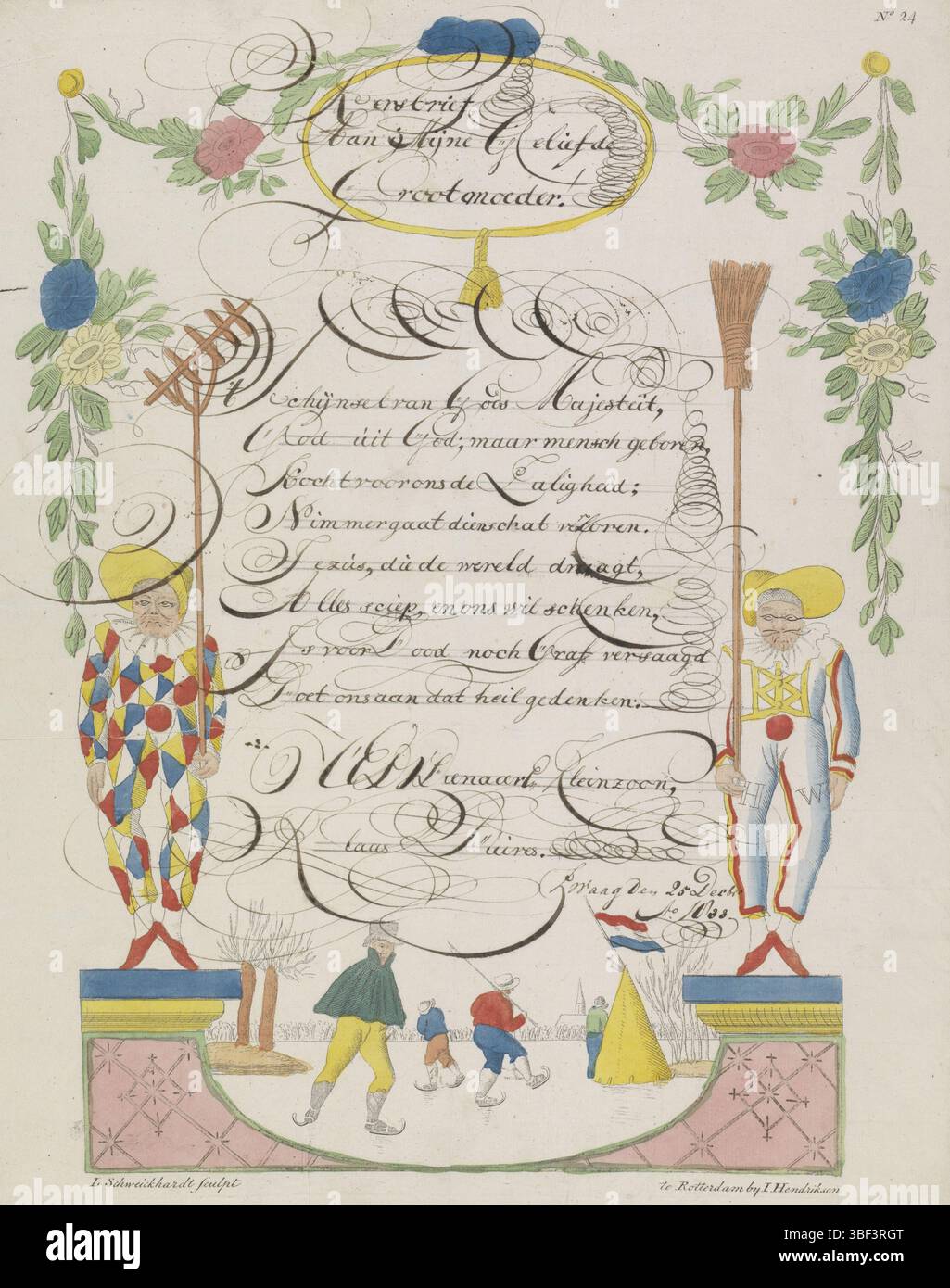 Rotterdam, Hendriksen, Jan, Den Haag, Schweickhardt, Leonardus, Wenschrift Met Skating mensen, Rotterdam, den Haag, Recto - handgeschrieben in brauner Tinte, Wenschrift Met overschrift cartouche binnen een dekorativer Rahmen Met een voorstelling van Skating mensen uitgeschrift twee Clowns. Handgeschriebene Botschaft in Kalligraphie (Weihnachtsbrief) von Klaas Duives an seine Großmutter. Nummeriert oben rechts: Nr. 24., Druck, Folk Print, Letter of Wish, Drucke, Folk-Drucke, rückseitig gestempelt, Kersbrief, an meine geliebte Großmutter! 'T Licht der Majestät Gottes ..., Höhe 400 mm, Breite 322 mm, 1783-11-06 - 1862-01-08, S Stockfoto