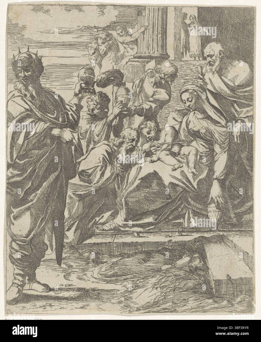 Italien, Carracci, Ludovico, Italien, Annibale, Brizio, Francesco, Anbetung durch Könige, Verso - gestempelt sitzt das Christkind auf Marias Schoß für eine Tempelruine. Die drei Könige schenken dem Kind ihre Geschenke. Im Hintergrund zwei Kamele. Joseph steht hinter Maria., Print, rückseitig - gestempelt, RJKS, MUSM, Höhe 228 mm, Breite 182 mm, Italienisch, 1574 - 1623, Drucker, 1584 - 1623, Papier, Ätzen, 1560-11-03 - 1609-07-15, Arbeitskonzeption, 13. 11.. 1555. 1619 Stockfoto
