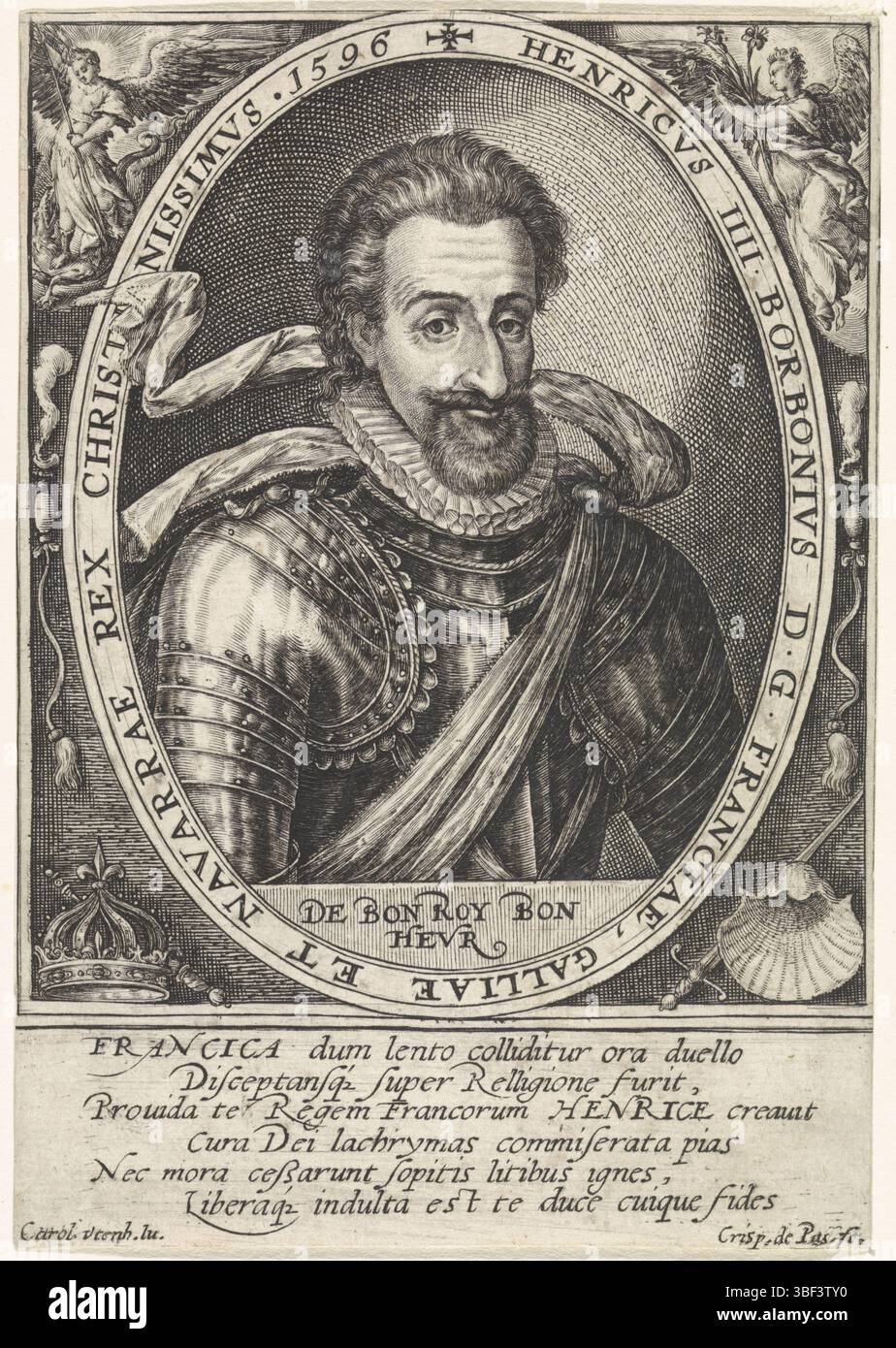 Utenhove, Karl von Köln, Passe, Crispijn von der (I), Porträt Heinrichs IV., König von Frankreich und Navarra, darunter Mottos in lateinischer Sprache. In der Randbeschriftung Name und Funktion der in lateinischer Sprache dargestellten. Am Rand ein sechszeiliges Lobpreisgedicht in lateinischer Sprache, Druck, Höhe 134 mm, Breite 93 mm, 1564 - 1637, Druckerei, 1596 - 1596, Papier, Gravur, Gravur (Druckverfahren), 1536 - 1600, Autor Stockfoto