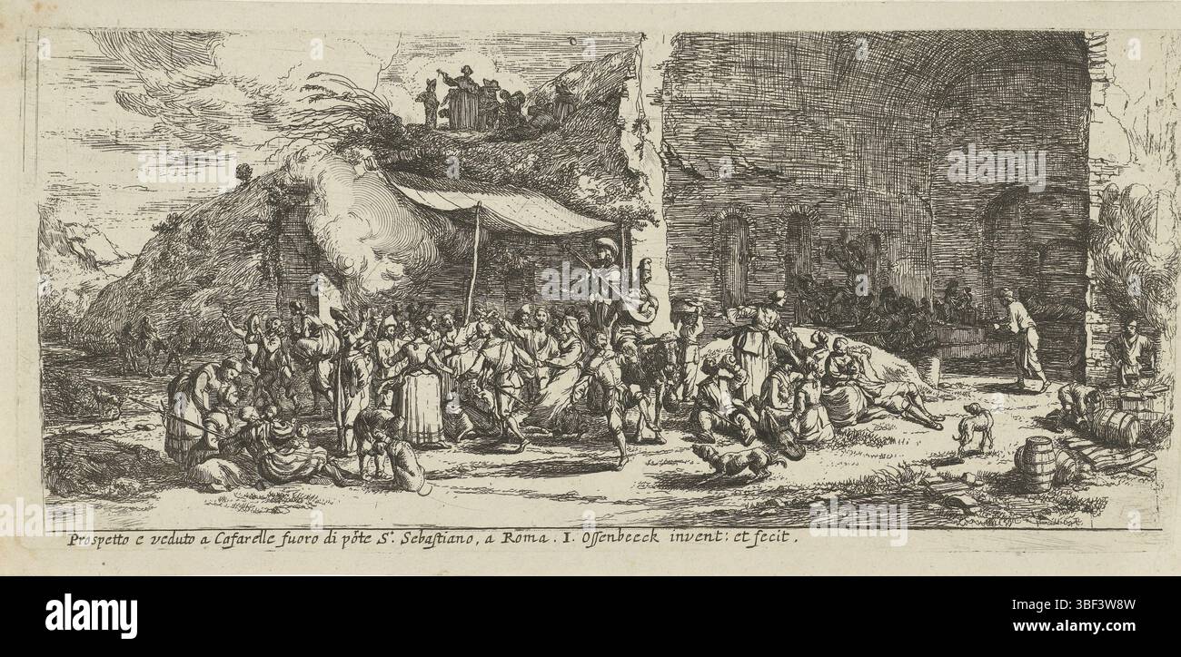 Ossenbeeck, Jan van, Rom, Ossenbeeck, Prospetto e veduto a Cafarelle fuoro di porte S. Sebastiano, A Roma, Feste an den Ruinen der Höhle der Nymphe Egeria, Verso - Handschrift, vor und in den Ruinen der Höhle der Nymphe Egeria findet ein fest statt. Mit einem Tuch und einem Stock wurde ein Dach gebaut. Die Leute machen Musik, tanzen, essen und trinken. Unter dem übrigen Sohlengewölbe sind Tische mit Stühlen angeordnet., bedruckt, rückseitig gestempelt, Höhe 150 mm, Breite 335 mm, Noord-Nederlands, 1624 - 1674-03-30, Druckerei, 1647 - 1655, Papier, Ätzen, Arbeitskonzeption, nach seinem eigenen Entwurf Stockfoto