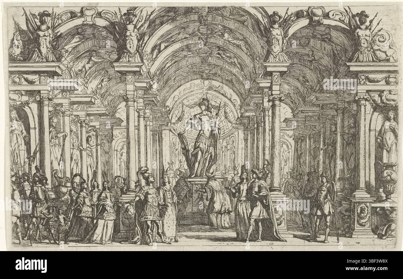Burnacini, Lodovico Ottavio, Wien, Ossenbeeck, Jan van, Entwürfe für Bühnendekor, zwei Paare in einem Säulensaal, verso - gestempelt, in einem großen Säulensaal am Hof sind zwei Paare einander im Vordergrund gegenübergestellt. In der Mitte zwischen ihnen eine Statue eines Herrschers in römischer Kleidung. Die Korridore der Halle sind gefüllt mit Soldaten und Hofmitgliedern, Druck, Höhe 145 mm, Breite 235 mm, Nordholland, 1624 - 1674-03-30, Drucker, 1663 - 1674, Papier, Ätzen, 1636 - 12.1707, mittlerer Dramaturg Stockfoto