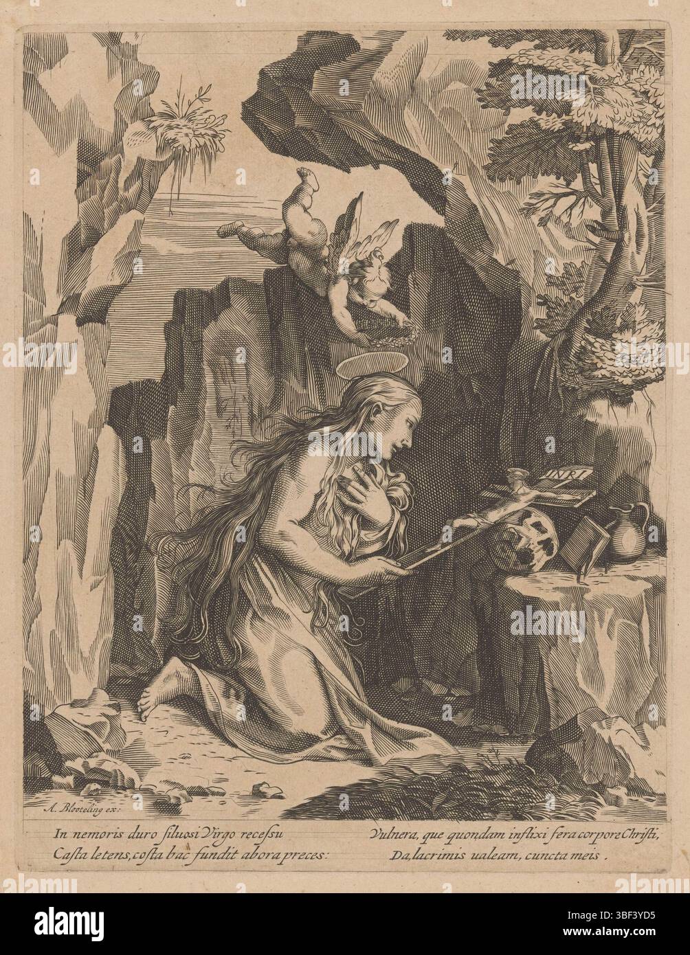 Niederlande, Bloteling, Abraham, Italien, Lombardelli, Giovanni Battista, Villamena, Francesco, Boetwerkde Maria Magdalena, Niederlande, verso - gestempelt, Maria Magdalena kniend mit einem Kruzifix in der Hand. Vor ihr liegt eine Kanone, ein Schädel und ein Buch. Ein Putto hält einen Blumenkranz über ihrem Kopf. Lateinischer Text in zwei Spalten am unteren Rand., Druck, Höhe 264 mm, Breite 203 mm, Druckmaschine, 1650 - 1690, Papier, Gravur, Gravur (Druckverfahren), Arbeitskonzeption, Italienisch, 1566 - 1624-07-07, nach Druck, 1540 - 1592, nach Design, Publikation (Veranstaltung), Publikation, Nord-Niederlande, Stockfoto