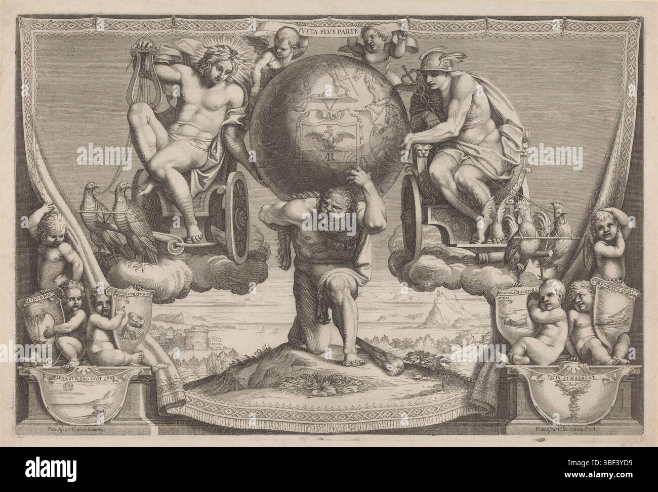 Italien, Albani, Francesco, Italien, Villamena, Allegorie auf Kardinal Pompeio Arrigoni, verso gestempelt, Ein hängender Teppich mit Herkules in der Mitte, der den Himmel auf seinen Schultern trägt. Auf dem Globus Sternzeichen und Wappen von Kardinal Pompeio Arrigoni. Links und rechts saßen Apollo und Mercury auf Autos. Putti unten links und rechts mit Abschirmungen, bedruckt, Höhe 304 mm, Breite 453 mm, Italienisch, 1566 - 1624-07-07, Druckerei, 1576 - 1624, Papier, Gravur, Gravur (Druckverfahren), Arbeitskonzeption, 1578 - 10.1660 Stockfoto