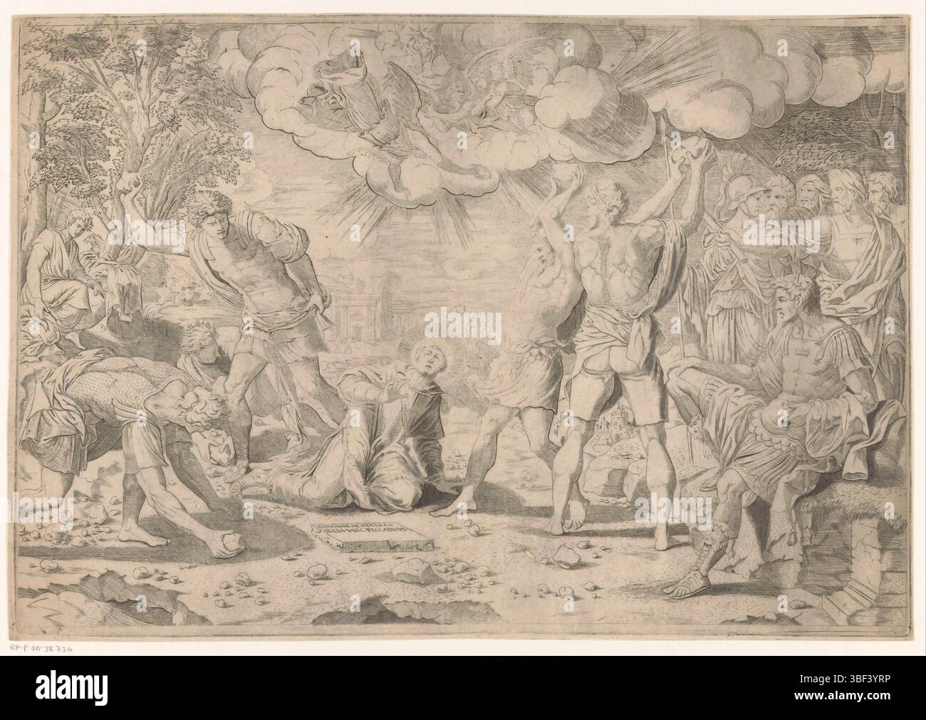 Italien, Stephansstich, Italien, verso ontvel - gestempelt, der heilige Stephan in der Mitte sitzt auf den Knien. Um ihn herum werfen Figuren Steine auf ihn. Am Himmel Christus, Cherubim und Engel, Druck, Höhe 293 mm, Breite 423 mm, Druckerei, 1550 - 1649, Papier, Gravur, Gravur (Druckverfahren) Stockfoto