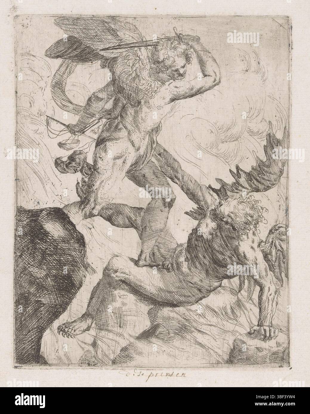 Italien, Possenti, Giovanni Pietro, Erzengel Michael im Kampf mit dem Teufel, Italien, rückwärts - handgeschrieben in brauner Tinte und Bleistift, Druck, rückwärts - gestempelt, diese Drucke, rückseitig - handgeschrieben in brauner Tinte, f - 1 - 10 - stver, Höhe 204 mm, Breite 159 mm, Italienisch, 1618 - 1659, Drucker, 1628 - 1659, Papier, Ätzen, Tellerton Stockfoto